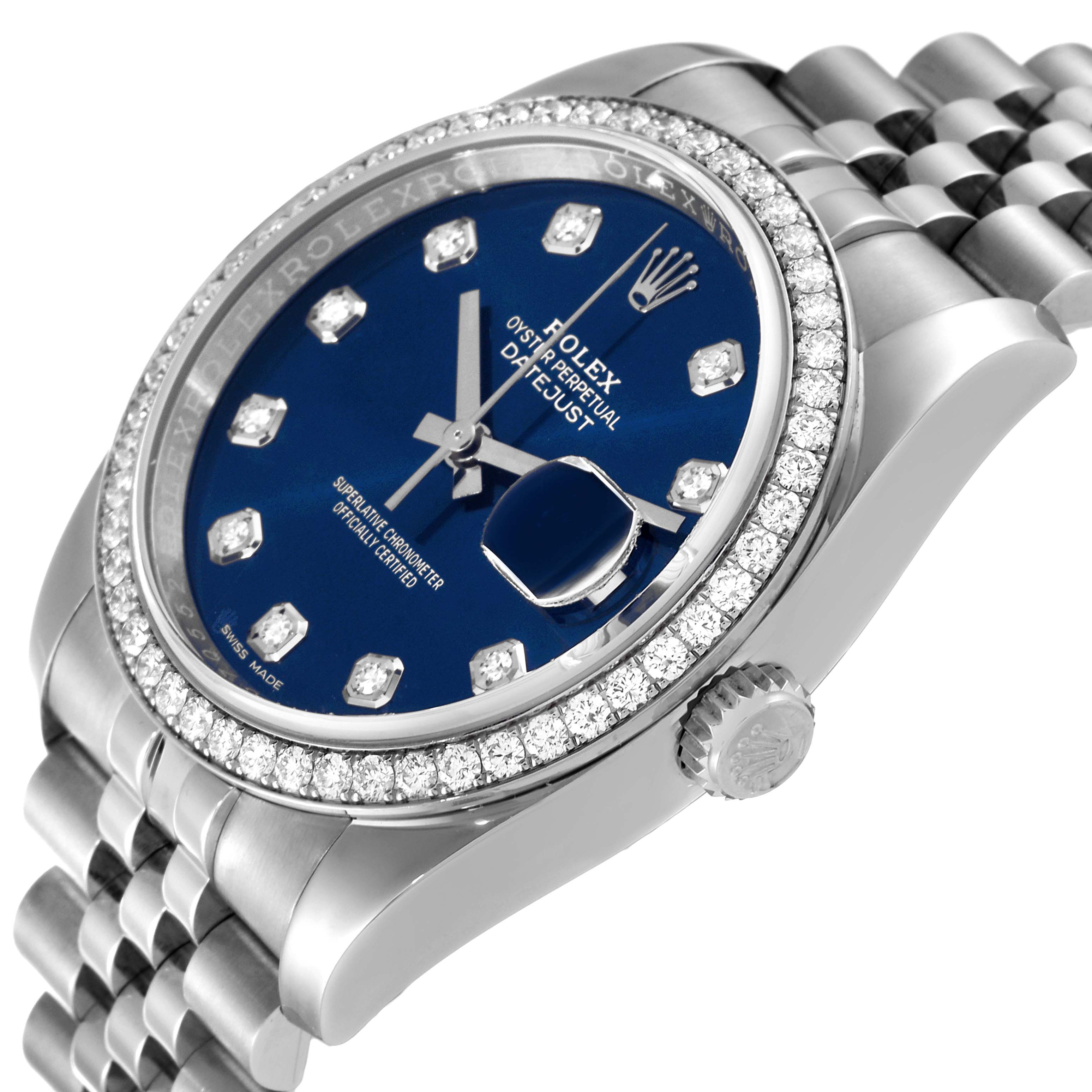 This image shows a Rolex Datejust 116244 Men's Stainless Steel Blue Dial 116244 Men's Stainless Steel Blue Dial watch from an angled side view, highlighting the blue dial, diamond bezel, crown, and Jubilee bracelet.
