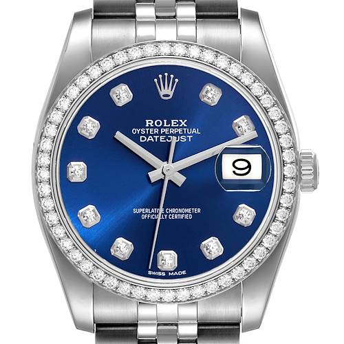 Photo of Rolex Datejust Steel White Gold Blue Dial Diamond Bezel Mens Watch 116244