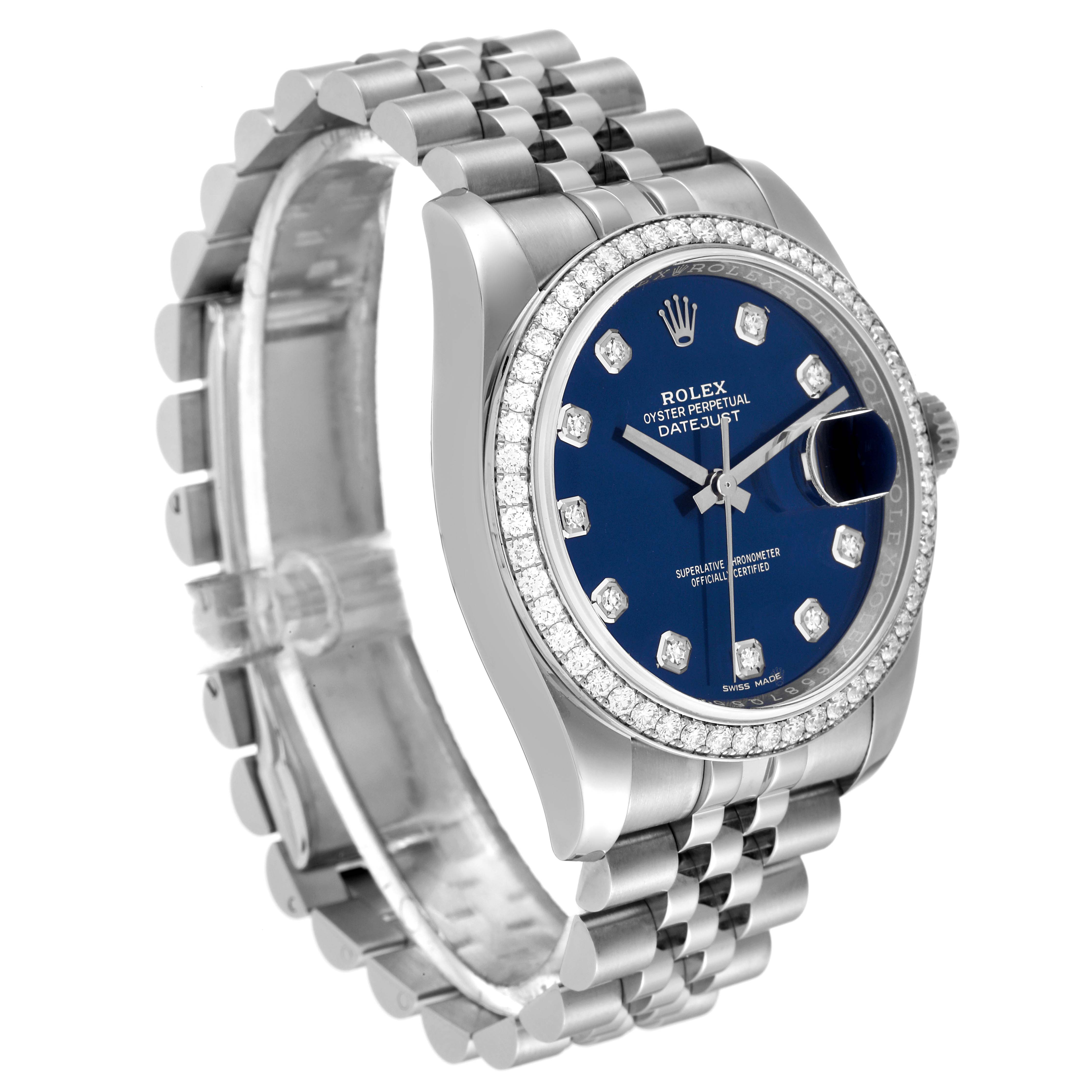 This image shows a Rolex Datejust 116244 Men's Stainless Steel Blue Dial 116244 Men's Stainless Steel Blue Dial watch at a slight angle, highlighting its blue dial, diamond markers, and metal bracelet.