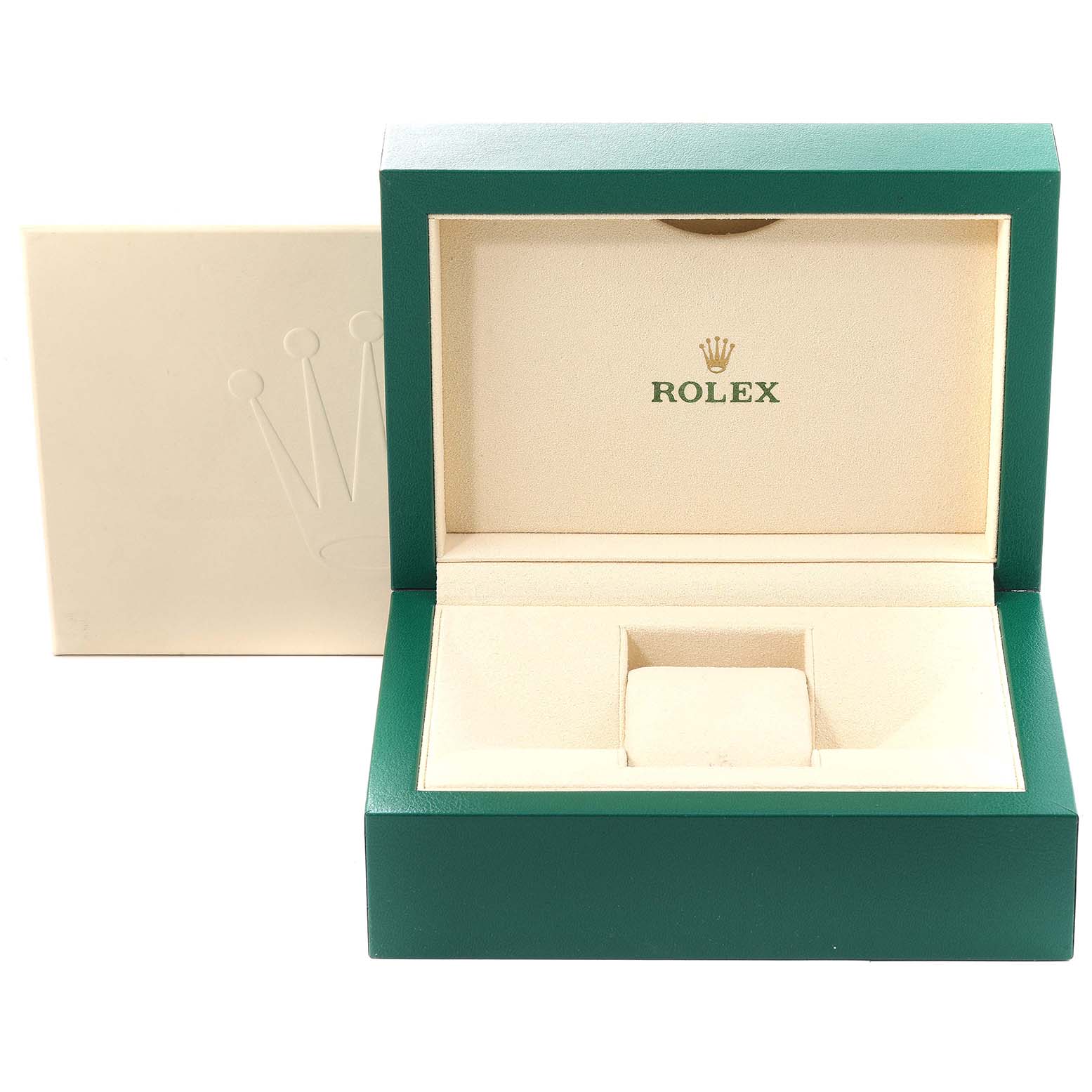 The image shows an open green and beige Rolex Datejust 116244 Men's Stainless Steel Blue Dial 116244 Men's Stainless Steel Blue Dial watch box with the Rolex logo.