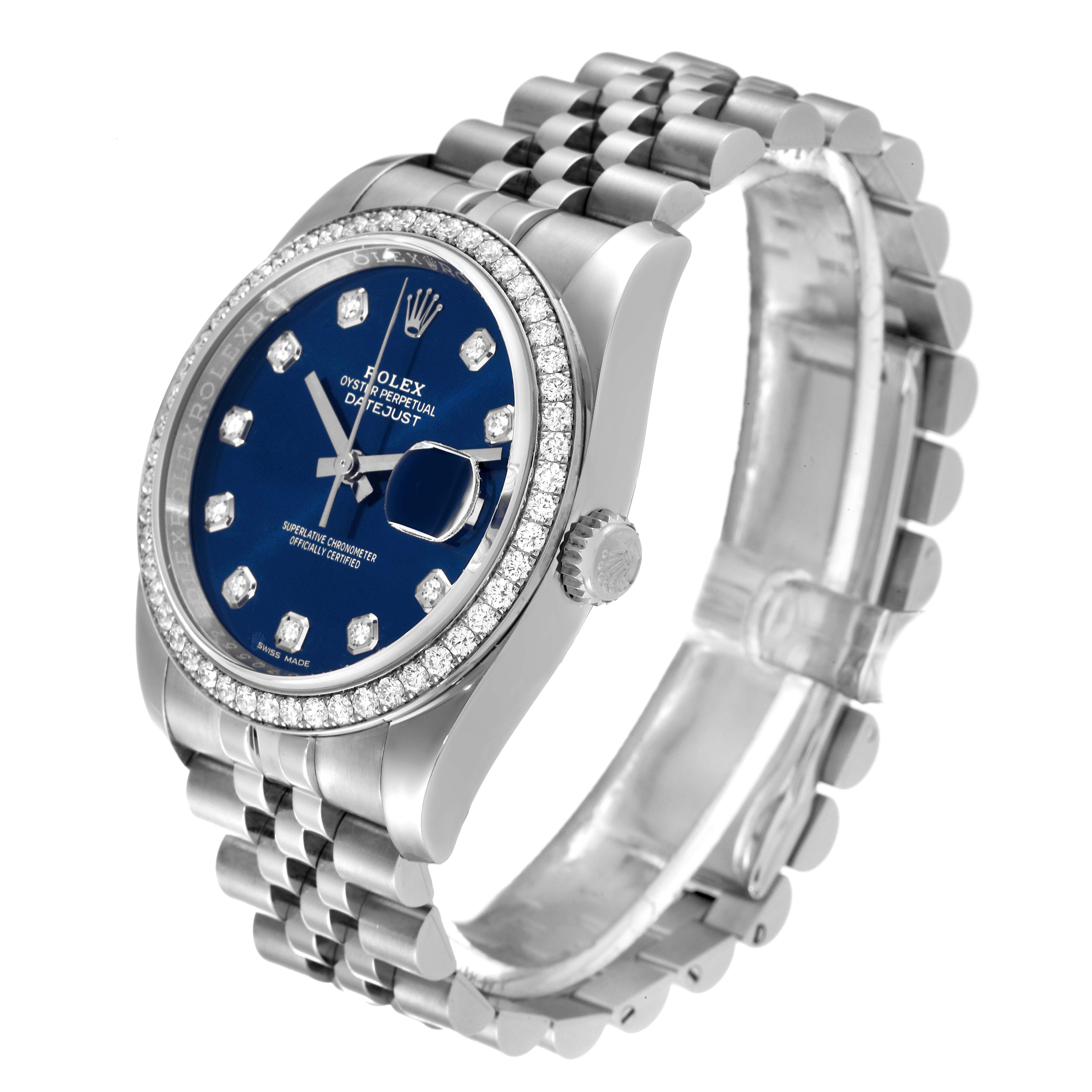 The Rolex Datejust 116244 Men's Stainless Steel Blue Dial 116244 Men's Stainless Steel Blue Dial watch is shown at a slight angle, highlighting the blue dial, diamond bezel, and Jubilee bracelet.