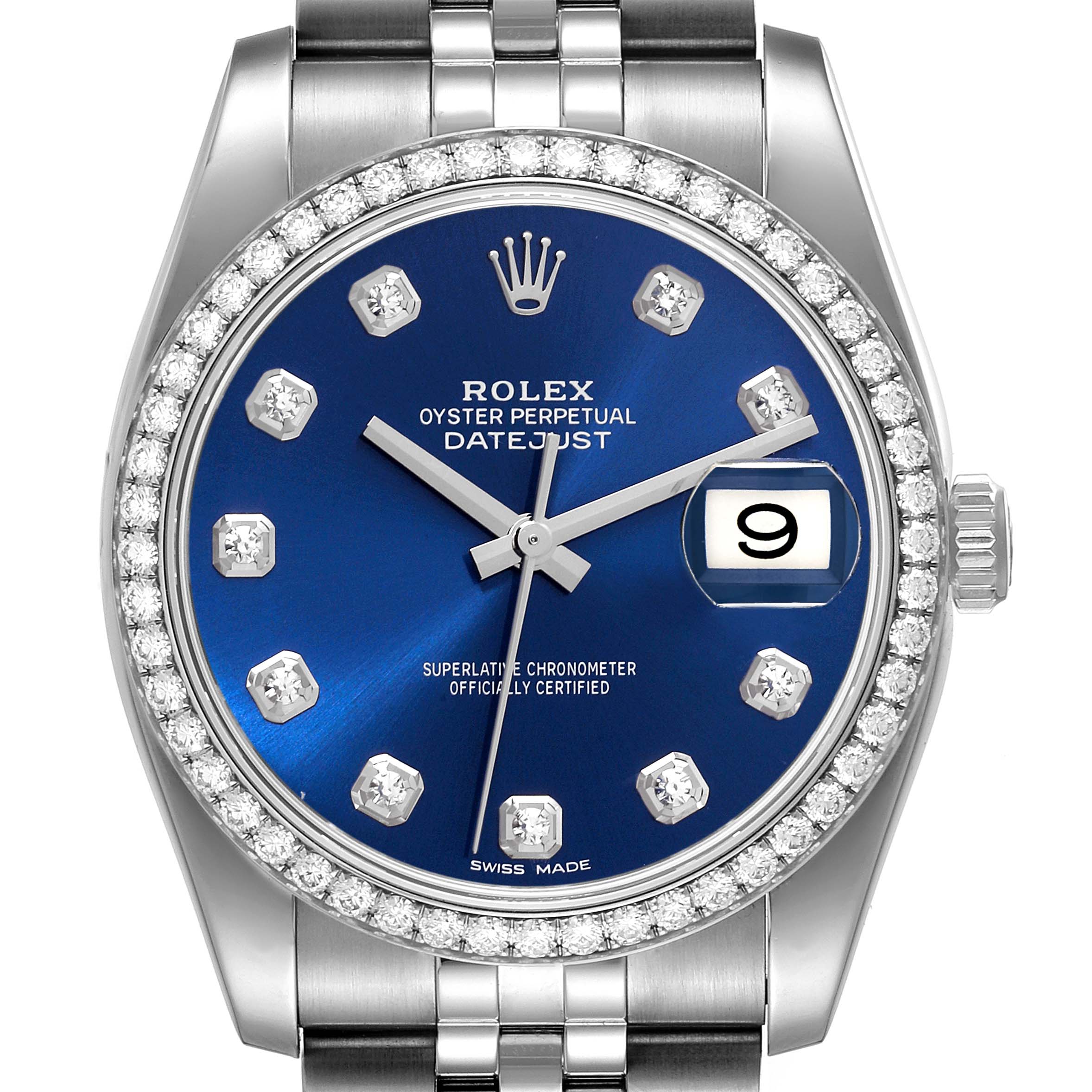 The image shows a close-up of the Rolex Datejust 116244 Men's Stainless Steel Blue Dial 116244 Men's Stainless Steel Blue Dial watch, highlighting the crown, bezel, dial, and part of the bracelet.