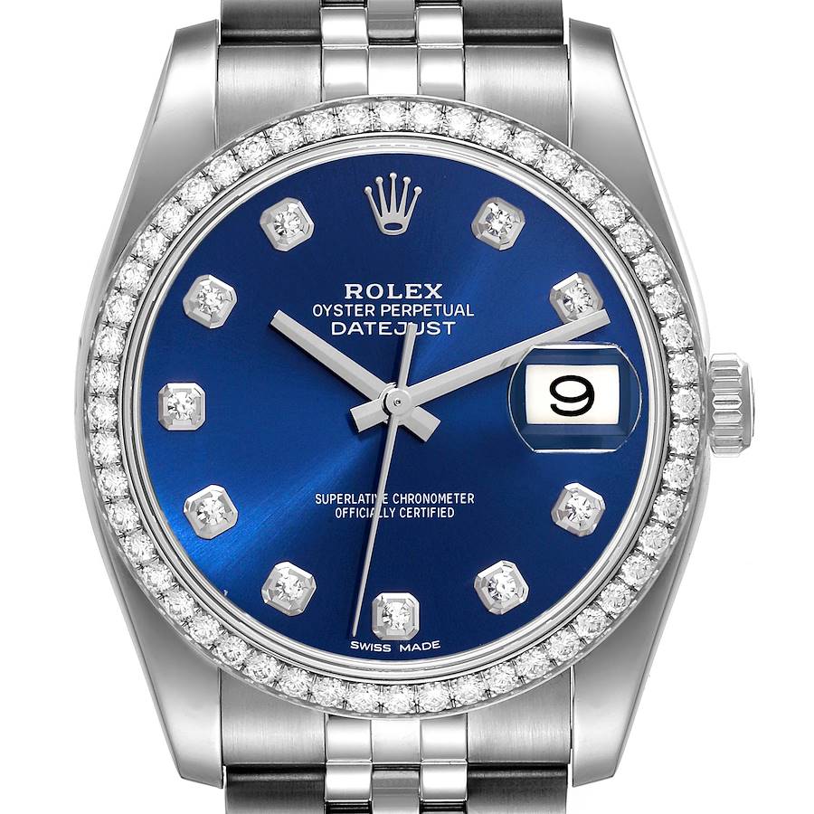Rolex Datejust Steel White Gold Blue Dial Diamond Bezel Mens Watch 116244 SwissWatchExpo