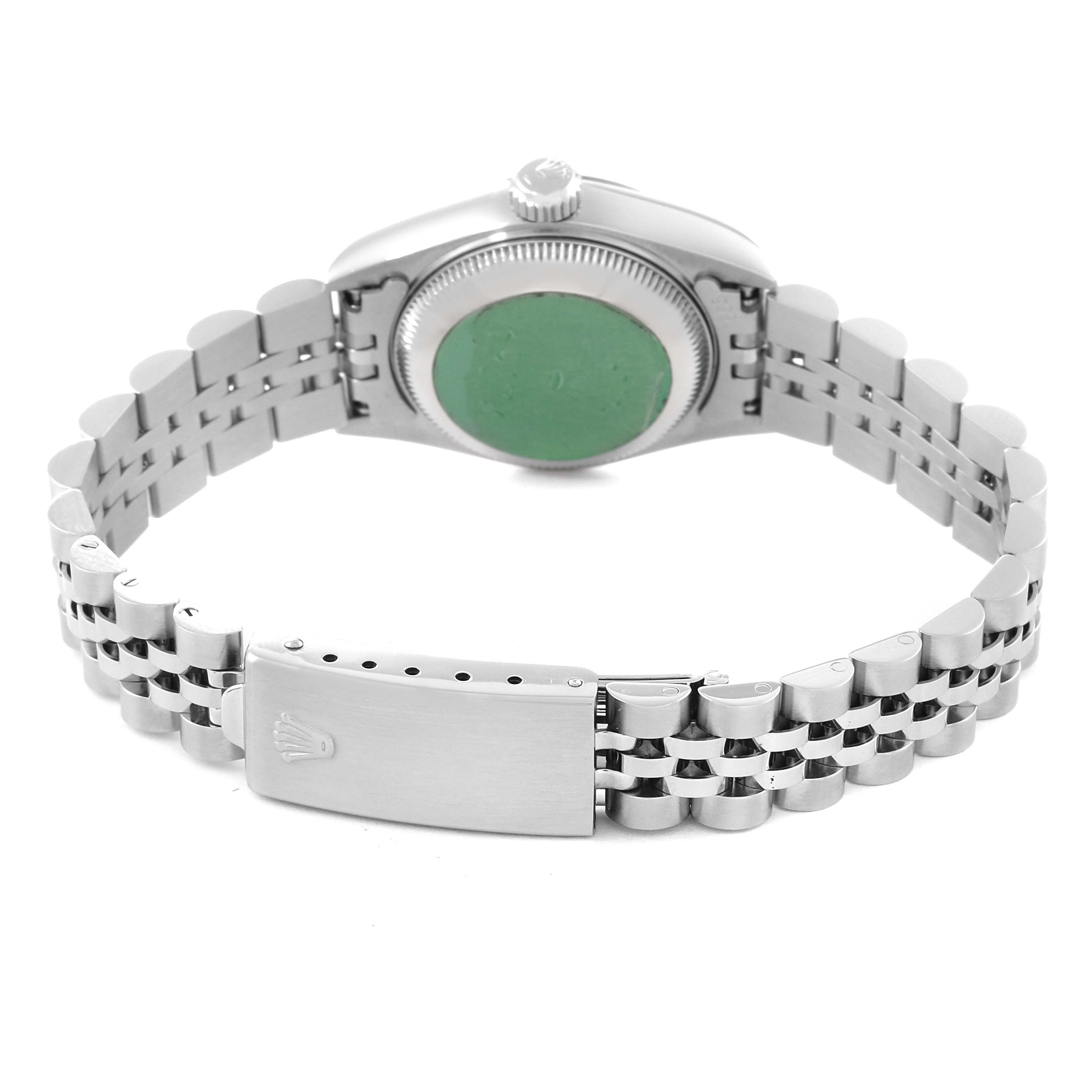 This Rolex Datejust 69174 Women's Stainless Steel Blue Dial 69174 Women's Stainless Steel Blue Dial watch is shown from the back, highlighting the case, crown, and the Jubilee bracelet with clasp.