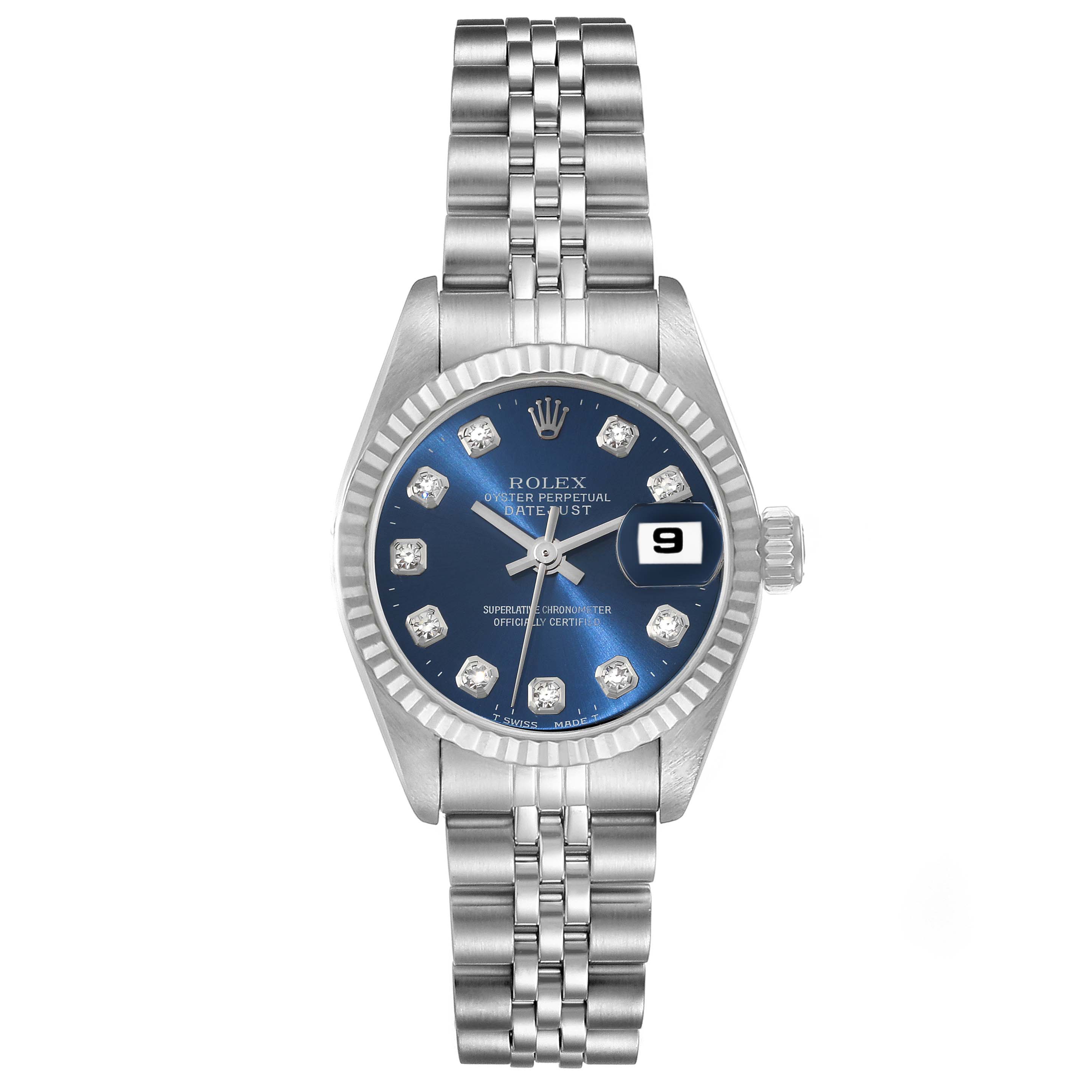 This image shows a Rolex Datejust 69174 Women's Stainless Steel Blue Dial 69174 Women's Stainless Steel Blue Dial watch from a front angle, highlighting its blue dial, fluted bezel, and Jubilee bracelet.