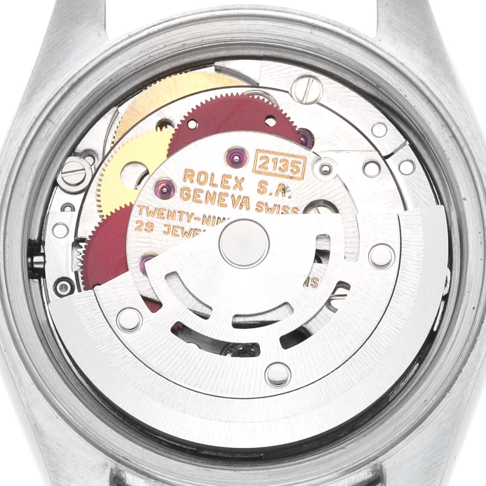 This image shows the case back removed, revealing the movement of the Rolex Datejust 69174 Women's Stainless Steel Blue Dial 69174 Women's Stainless Steel Blue Dial watch model.