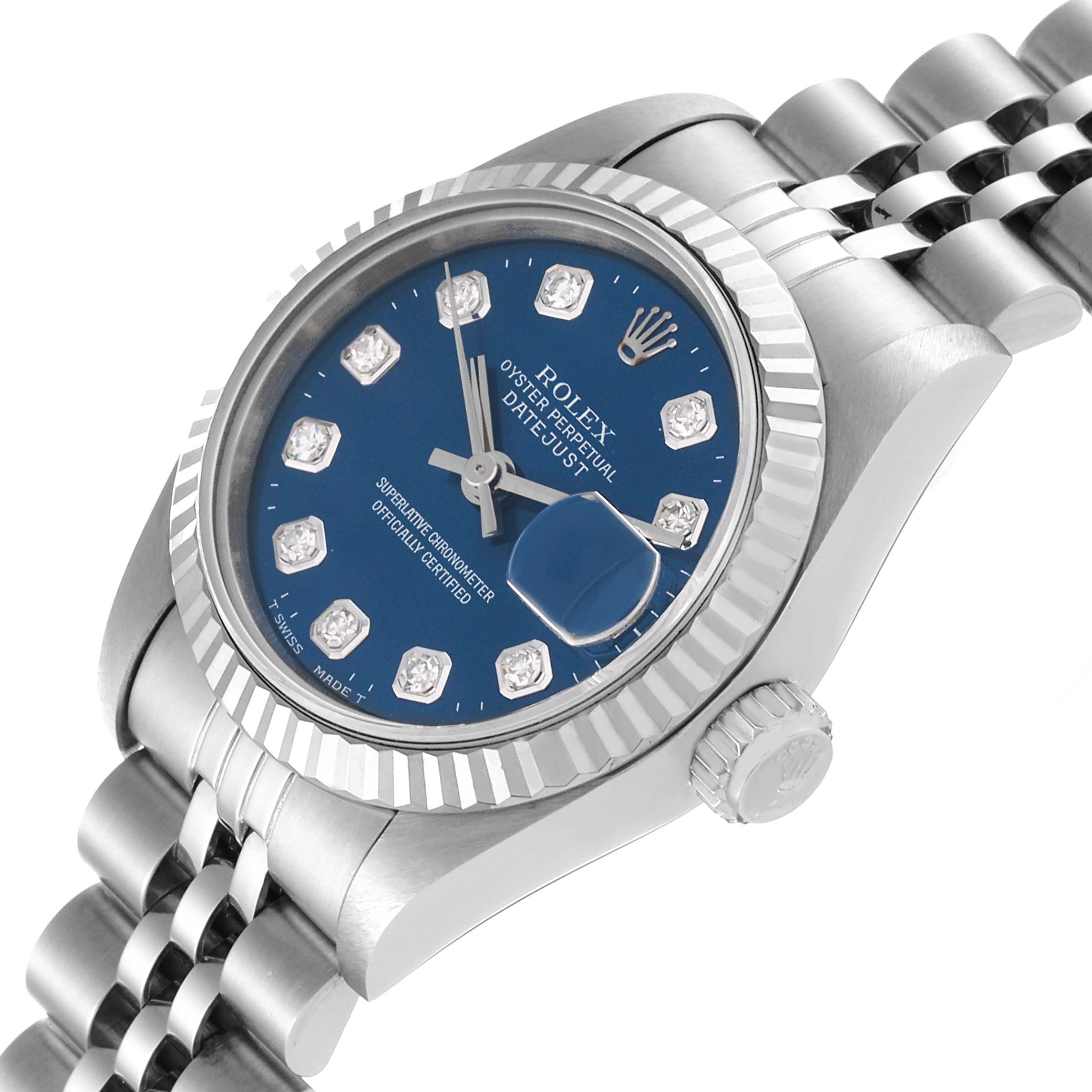 This image shows a close-up angle of a Rolex Datejust 69174 Women's Stainless Steel Blue Dial 69174 Women's Stainless Steel Blue Dial watch, focusing on the dial, bezel, crown, and part of the bracelet.