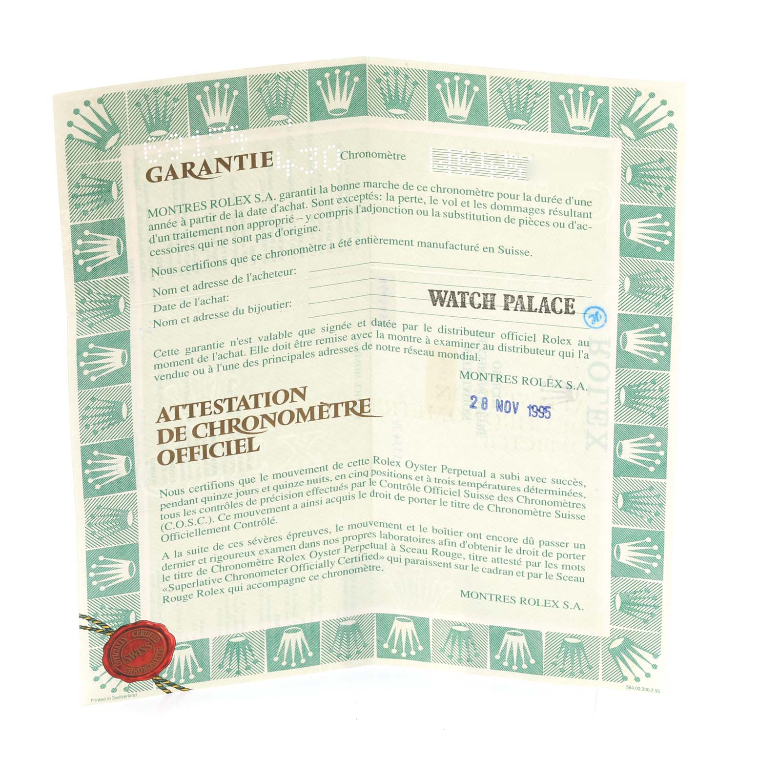 The image shows the official green and white warranty certificate and chronometer certification card for the Rolex Datejust 69174 Women's Stainless Steel Blue Dial 69174 Women's Stainless Steel Blue Dial model.