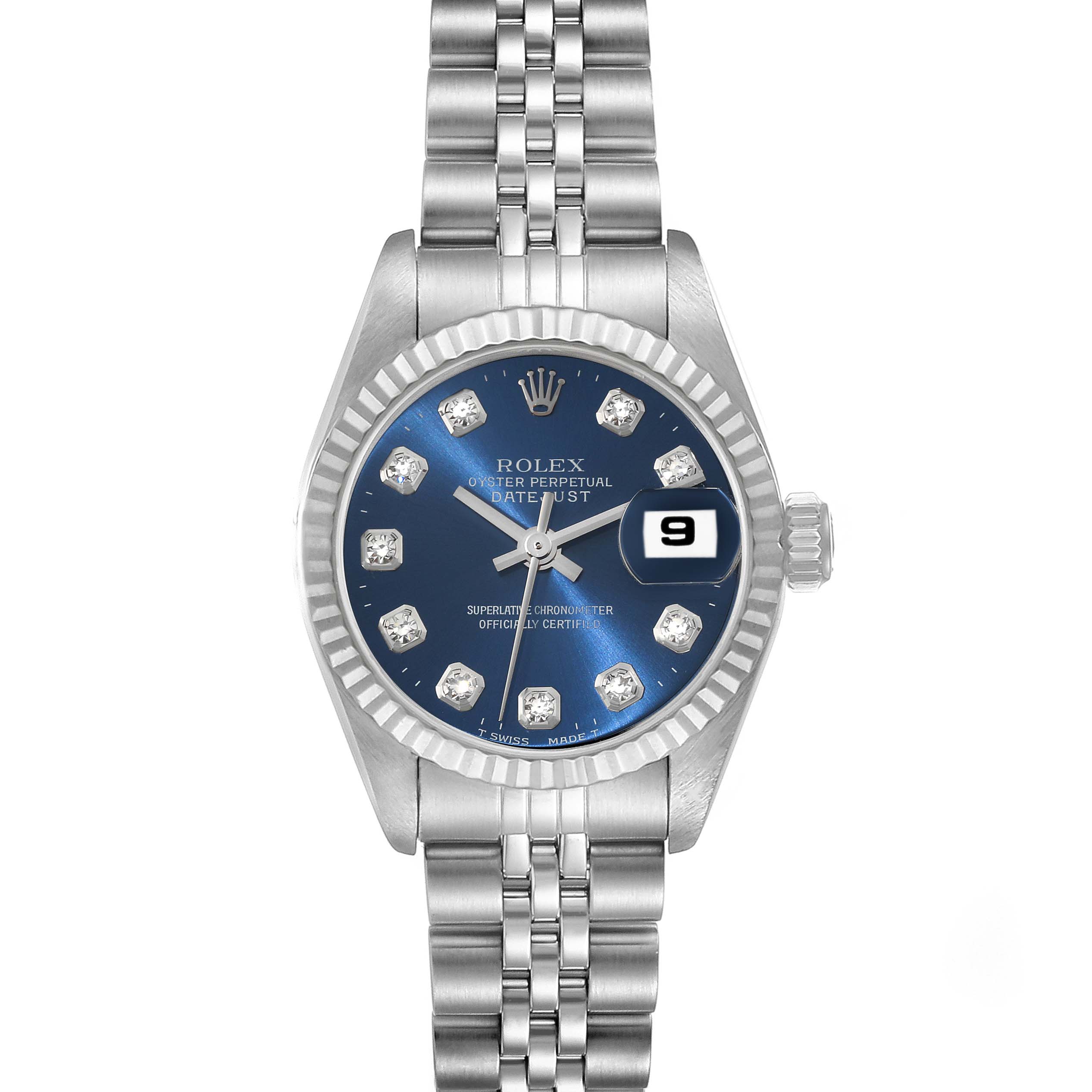 The image shows a frontal view of the Rolex Datejust 69174 Women's Stainless Steel Blue Dial 69174 Women's Stainless Steel Blue Dial watch, highlighting the dial, bezel, bracelet, and date window.