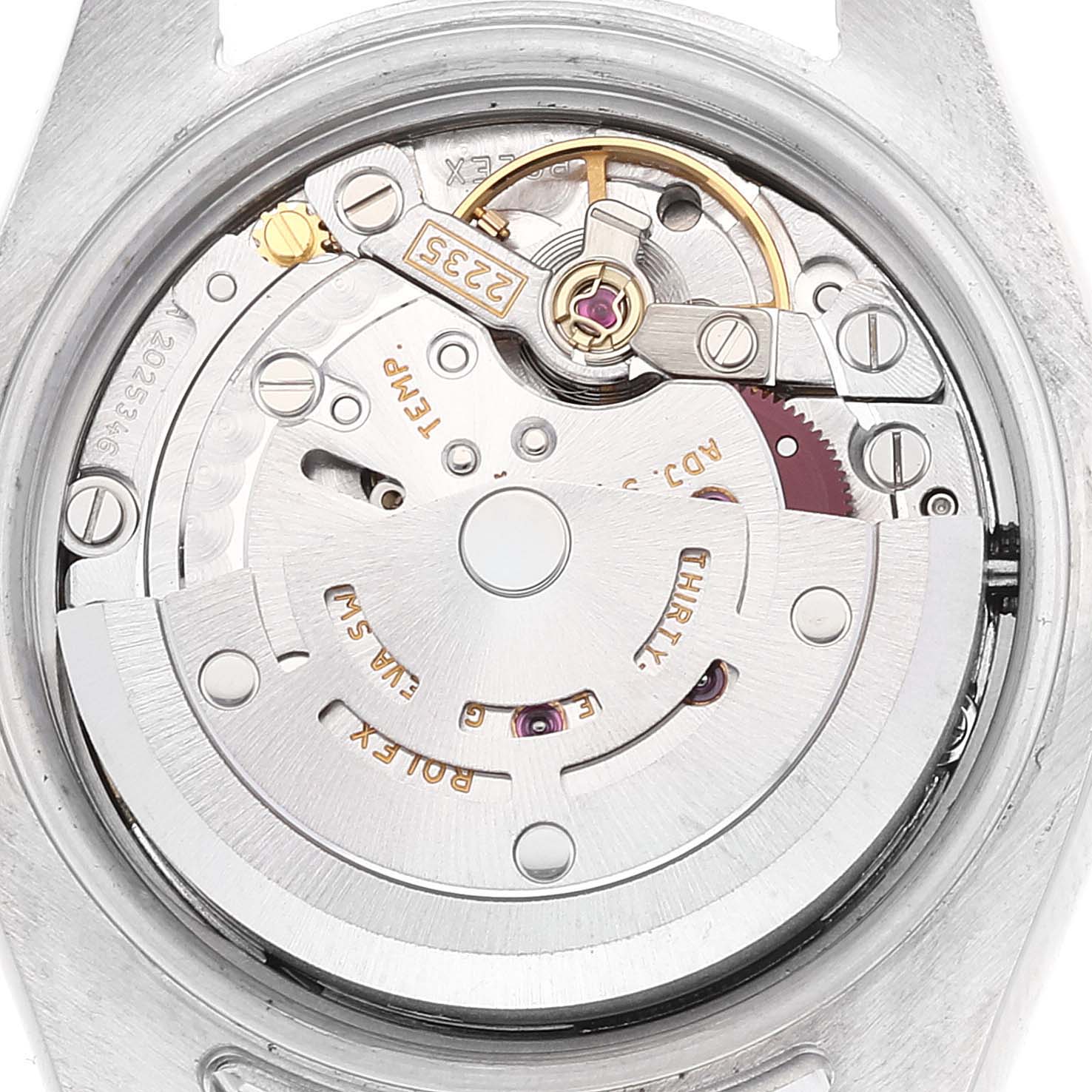 The image shows the internal mechanism of a Rolex Datejust 179174 Women's Stainless Steel Blue Dial 179174 Women's Stainless Steel Blue Dial watch, viewed from the back.