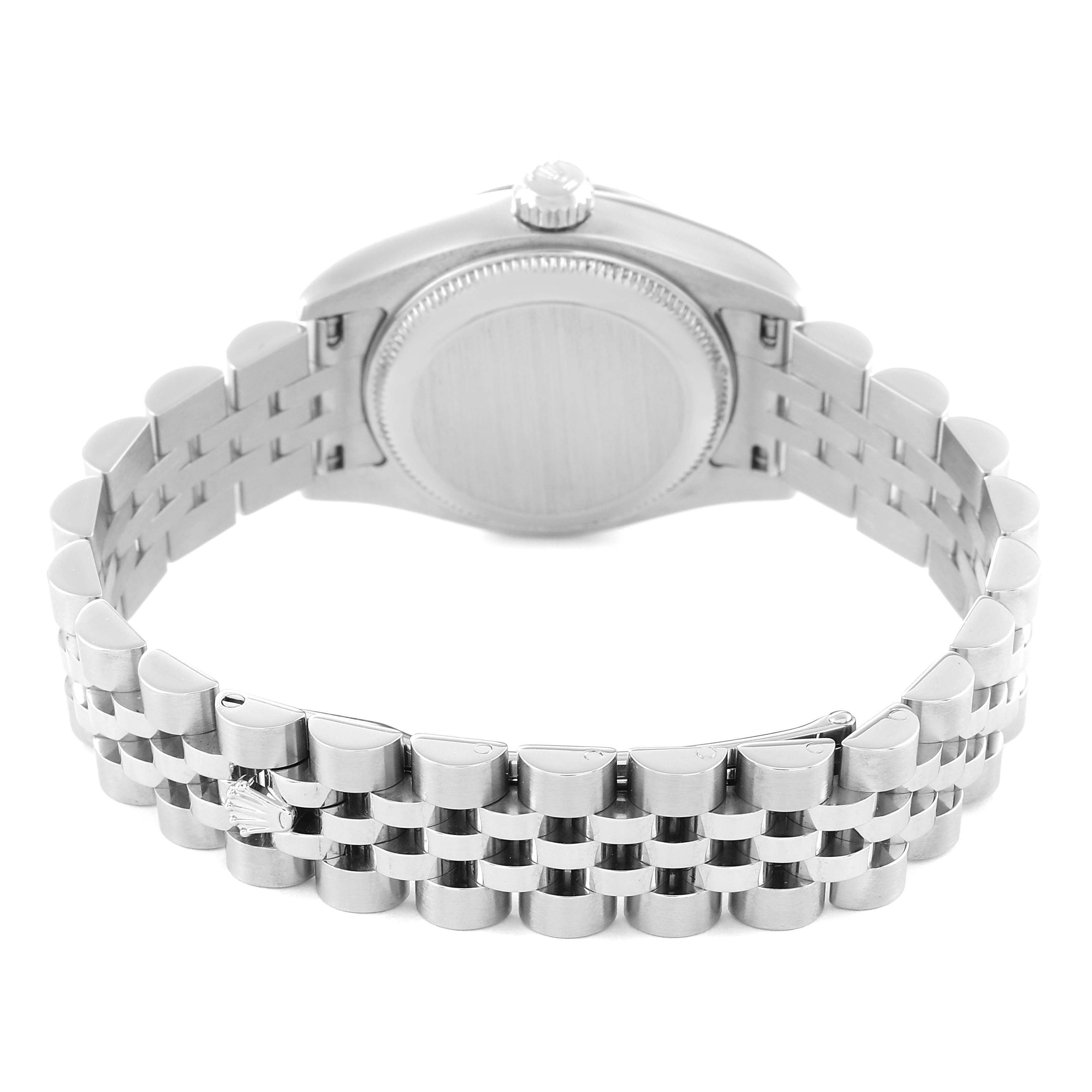 The image shows the back view of a Rolex Datejust 179174 Women's Stainless Steel Blue Dial 179174 Women's Stainless Steel Blue Dial model, focusing on the bracelet and case back.