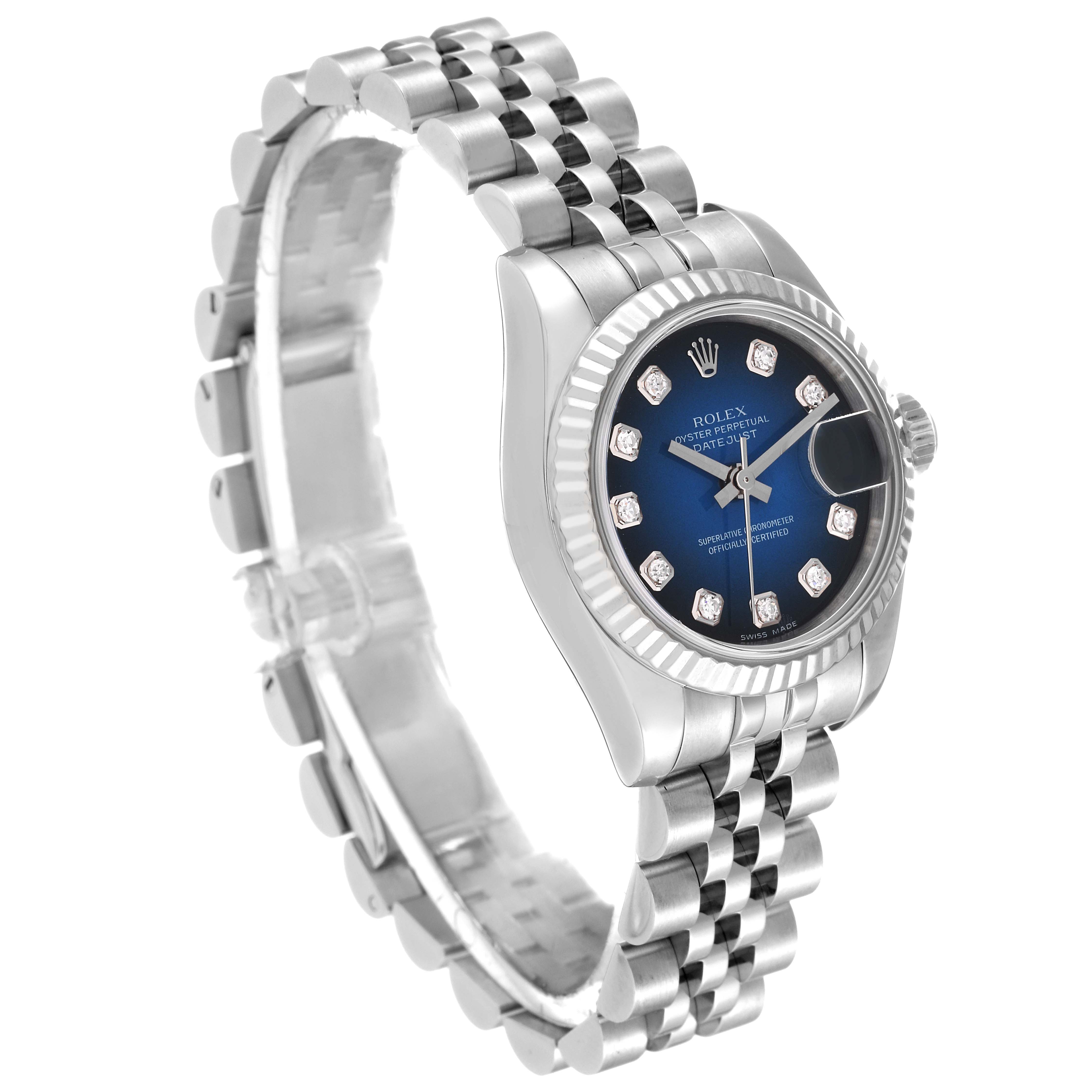 This image shows a side-angle view of the Rolex Datejust 179174 Women's Stainless Steel Blue Dial 179174 Women's Stainless Steel Blue Dial watch, highlighting the face, bezel, crown, and bracelet.