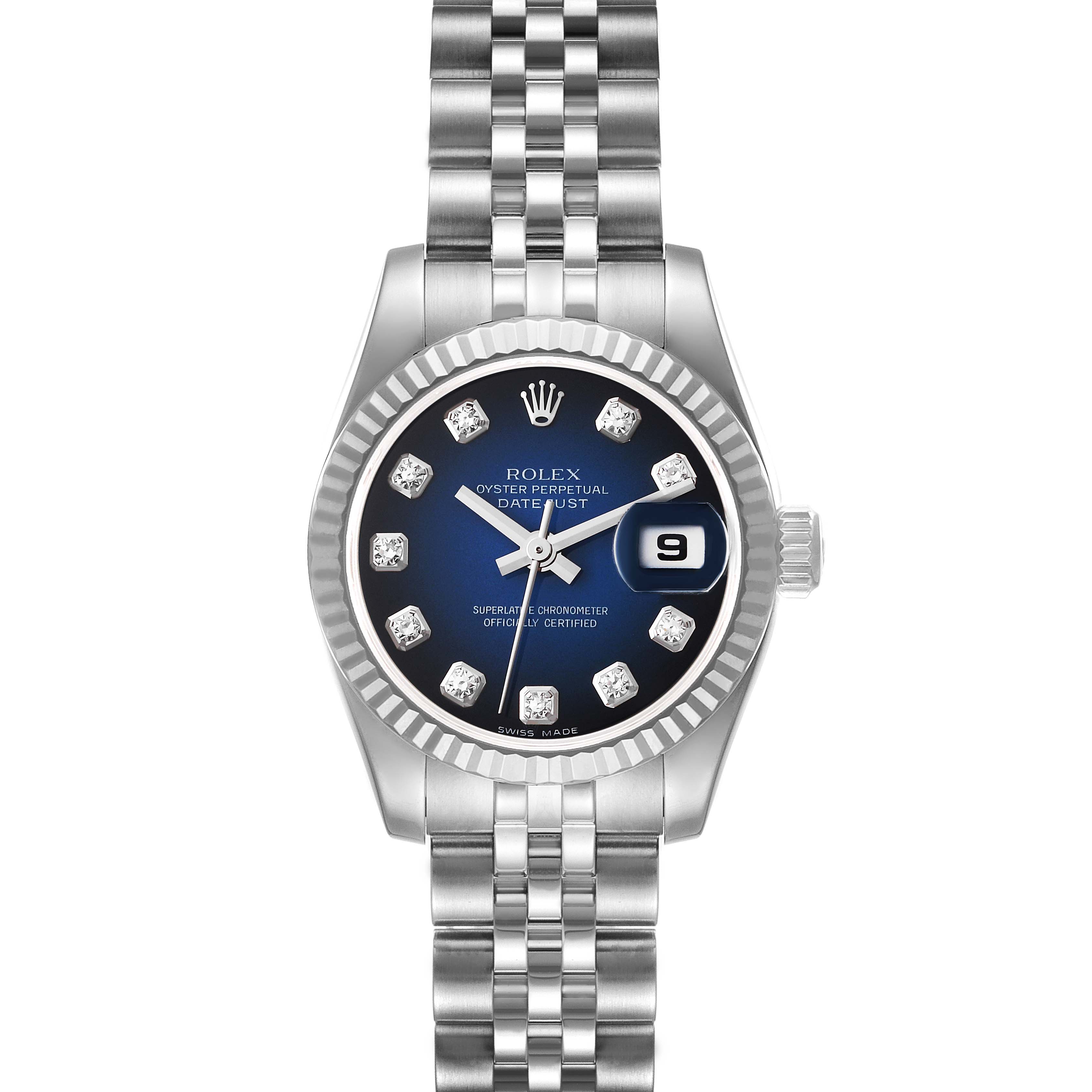 The image shows a front view of a Rolex Datejust 179174 Women's Stainless Steel Blue Dial 179174 Women's Stainless Steel Blue Dial watch, displaying the entire watch face and bracelet.