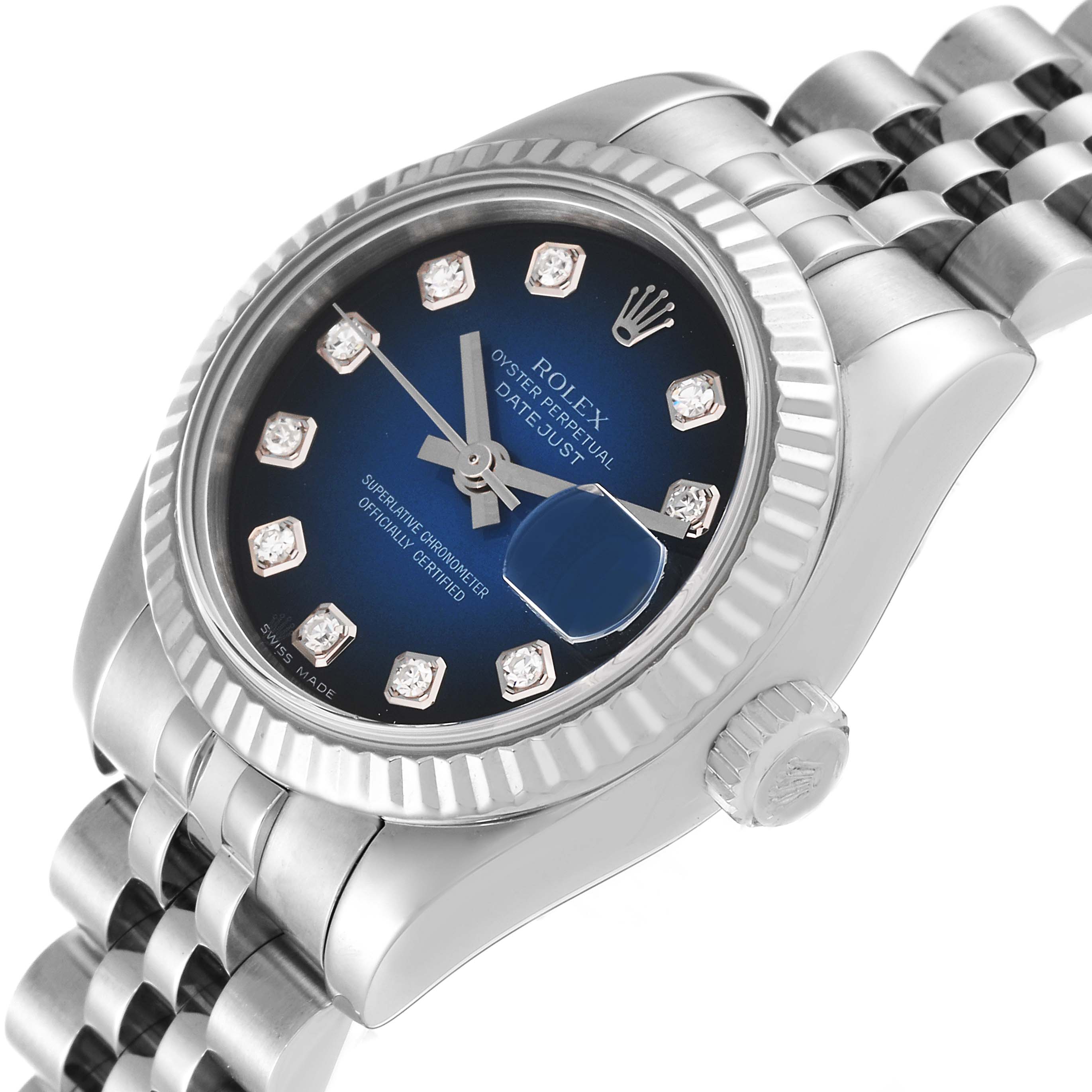 The image shows a Rolex Datejust 179174 Women's Stainless Steel Blue Dial 179174 Women's Stainless Steel Blue Dial watch at an angle highlighting the dial, bracelet, crown, and fluted bezel.
