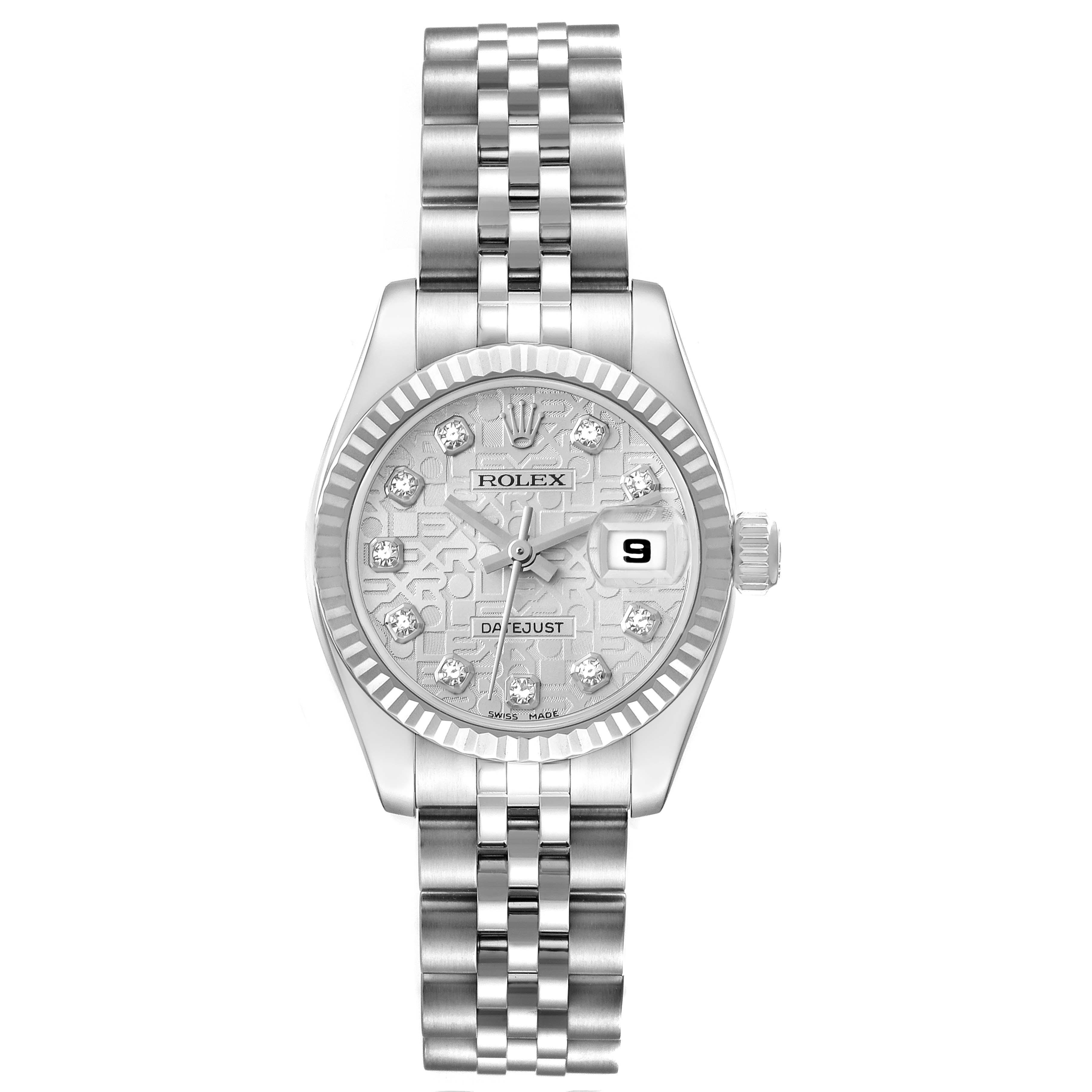 The image shows a front view of a Rolex Datejust 179174 Women's Stainless Steel Silver Dial 179174 Women's Stainless Steel Silver Dial watch, including its dial, bracelet, and date display window.