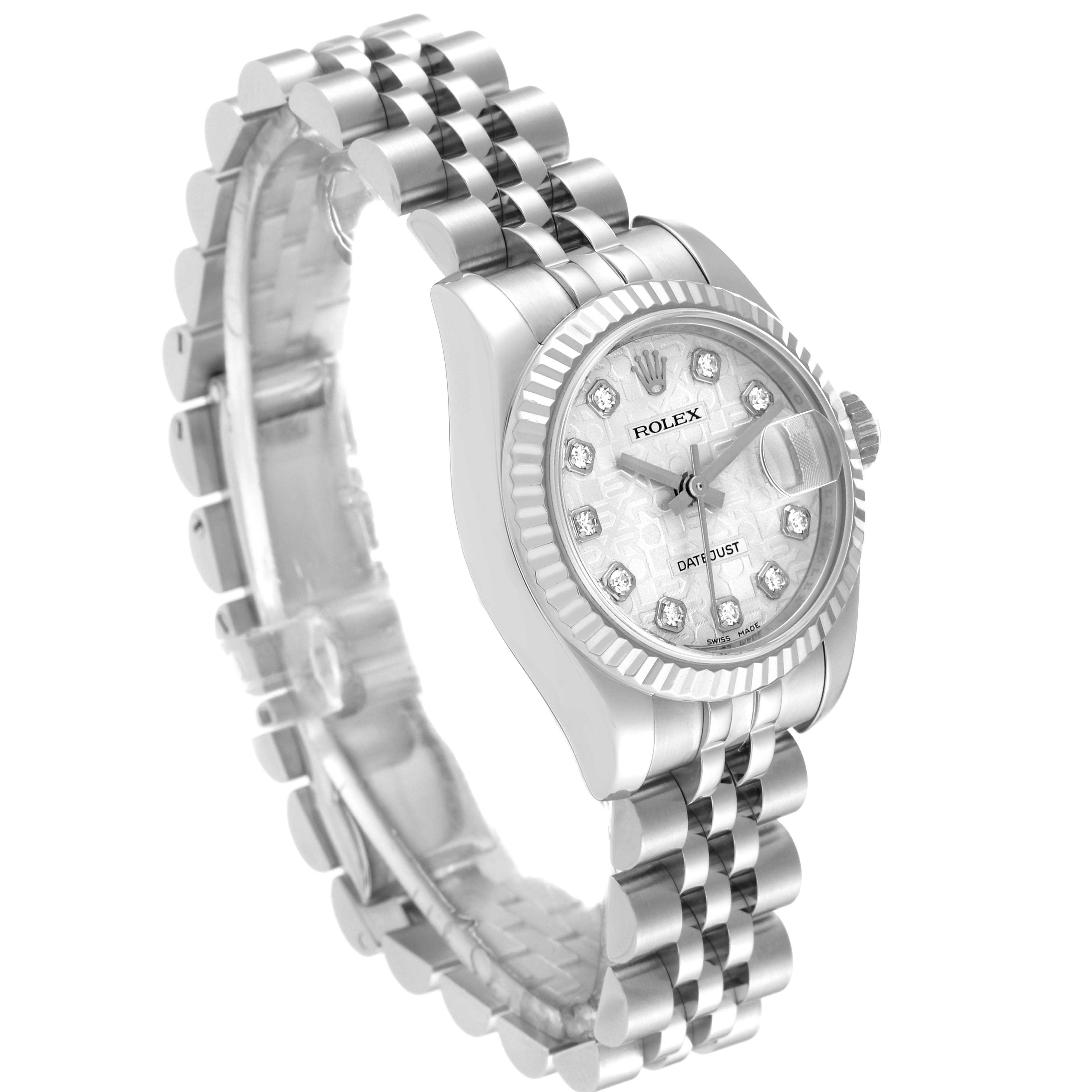 The image shows a side and front angle of a Rolex Datejust 179174 Women's Stainless Steel Silver Dial 179174 Women's Stainless Steel Silver Dial watch, highlighting its dial, bezel, and bracelet.