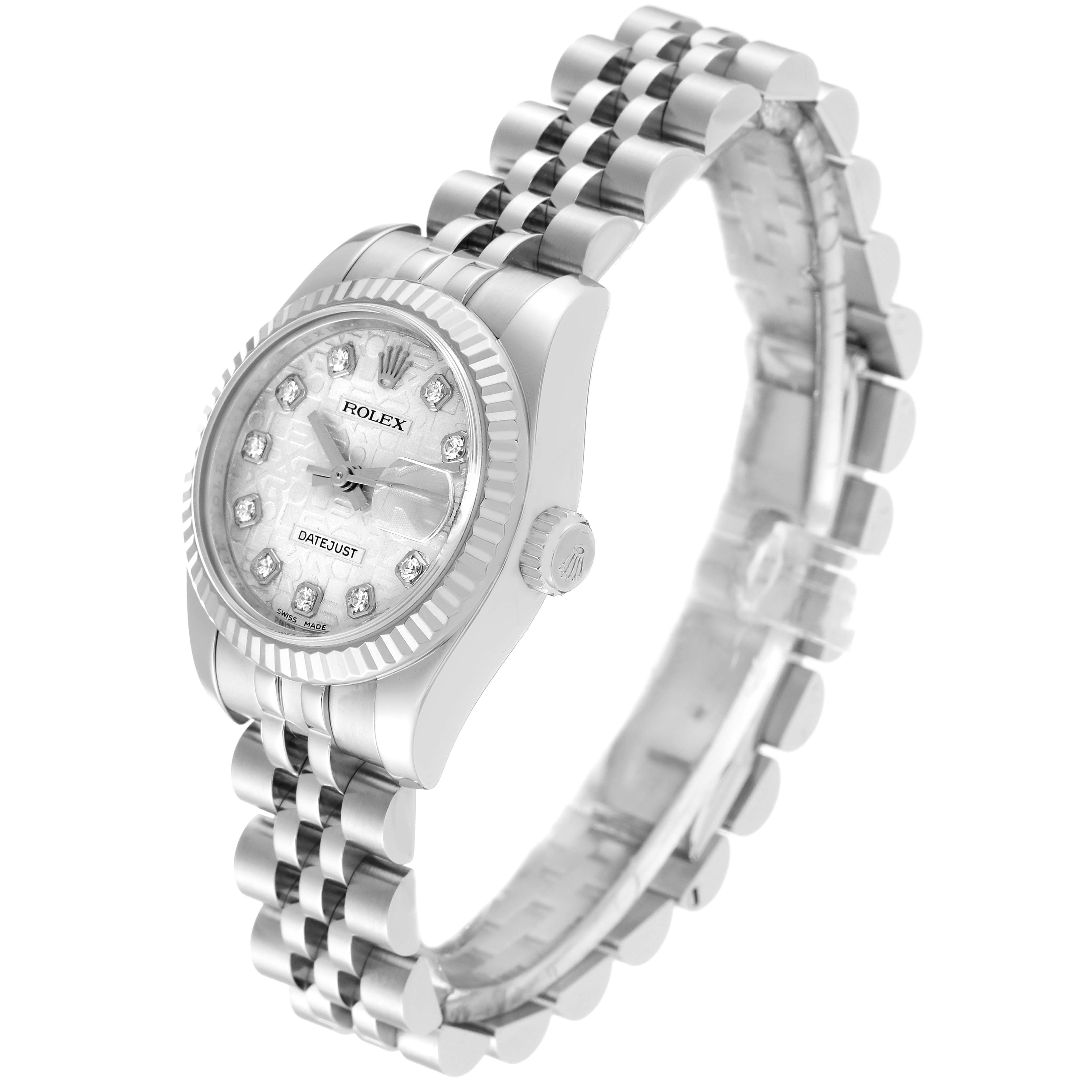 This image shows a side angle view of a Rolex Datejust 179174 Women's Stainless Steel Silver Dial 179174 Women's Stainless Steel Silver Dial watch, highlighting its face, bezel, and bracelet.