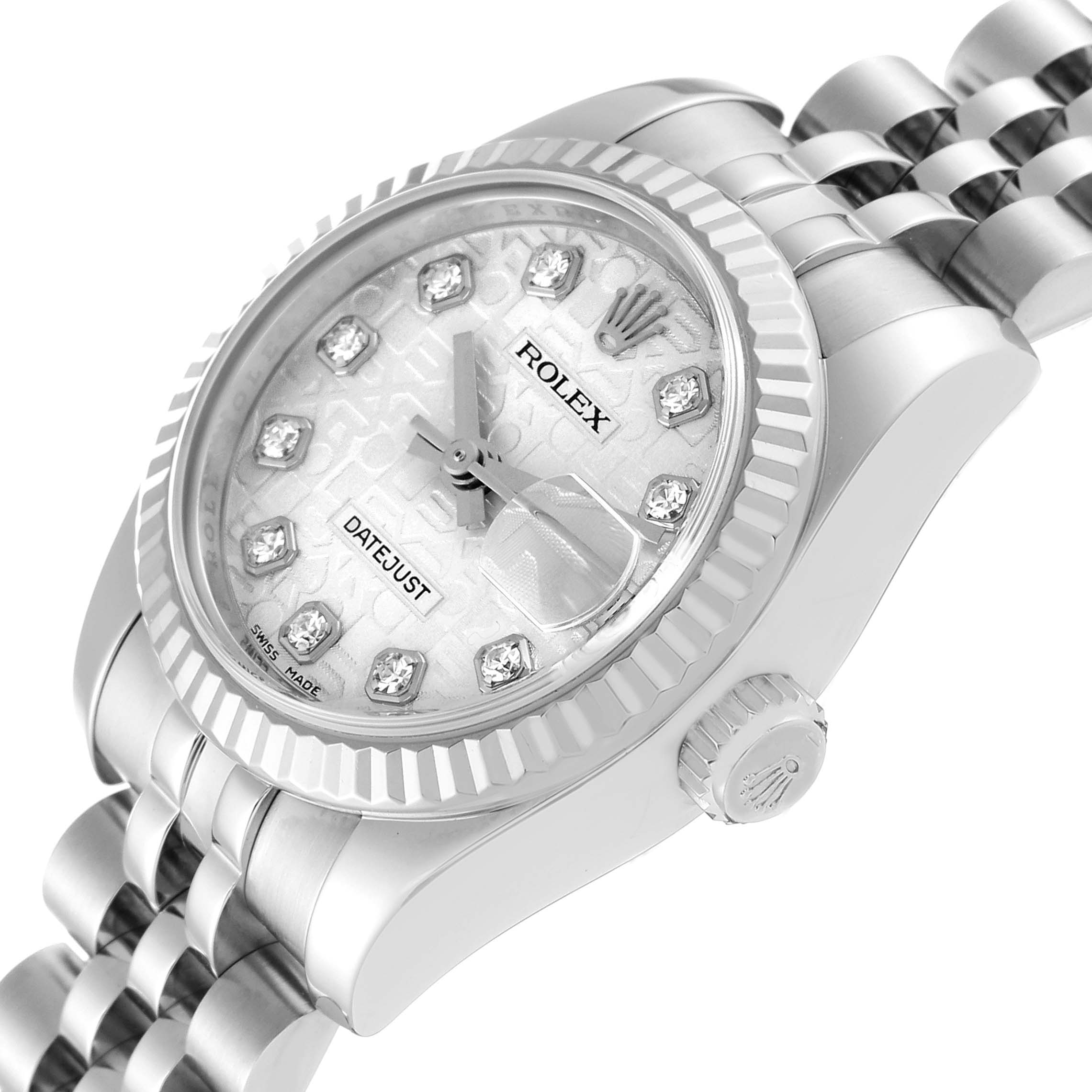 The Rolex Datejust 179174 Women's Stainless Steel Silver Dial 179174 Women's Stainless Steel Silver Dial watch is shown from a slight upper side angle, highlighting the dial, bezel, crown, and part of the bracelet.
