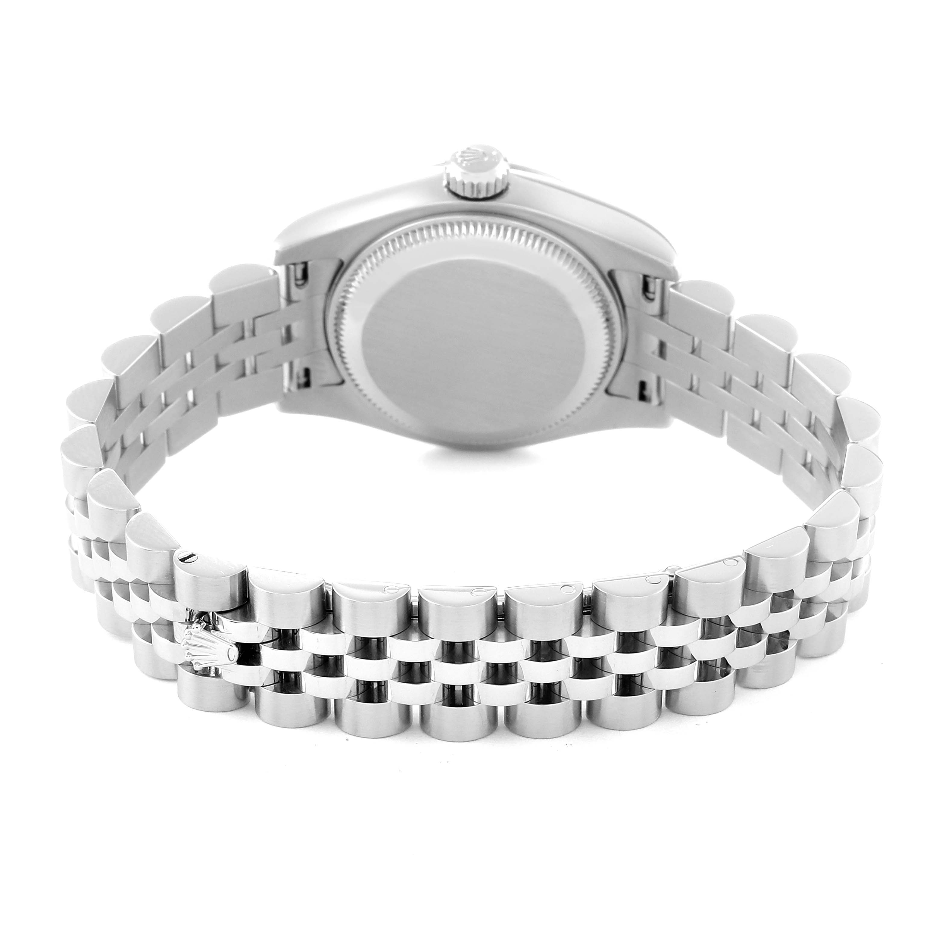 The image shows the back case and bracelet of the Rolex Datejust 179174 Women's Stainless Steel Silver Dial 179174 Women's Stainless Steel Silver Dial watch from a rear angle.