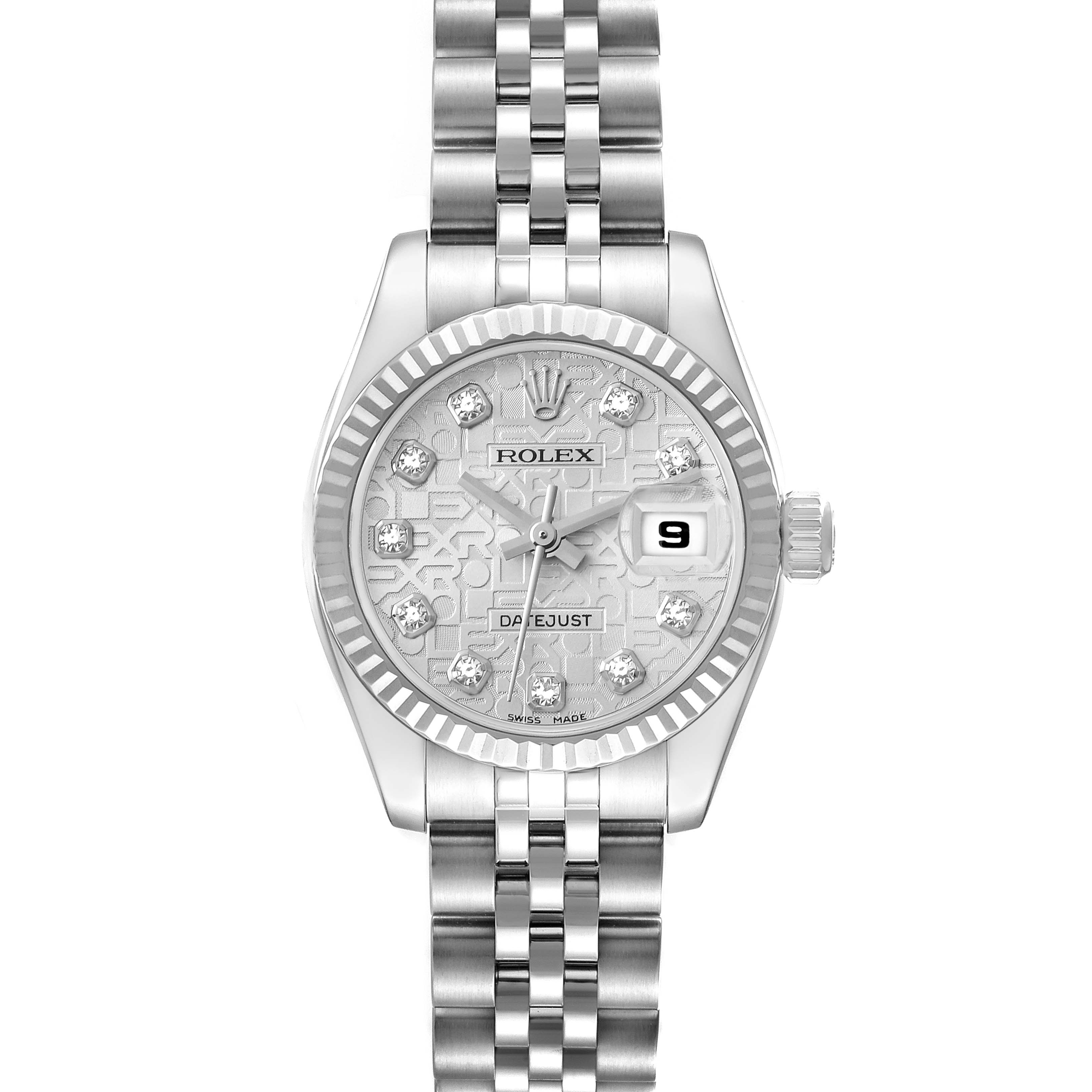 This image shows a front view of a Rolex Datejust 179174 Women's Stainless Steel Silver Dial 179174 Women's Stainless Steel Silver Dial watch, highlighting its face, bracelet, and fluted bezel.