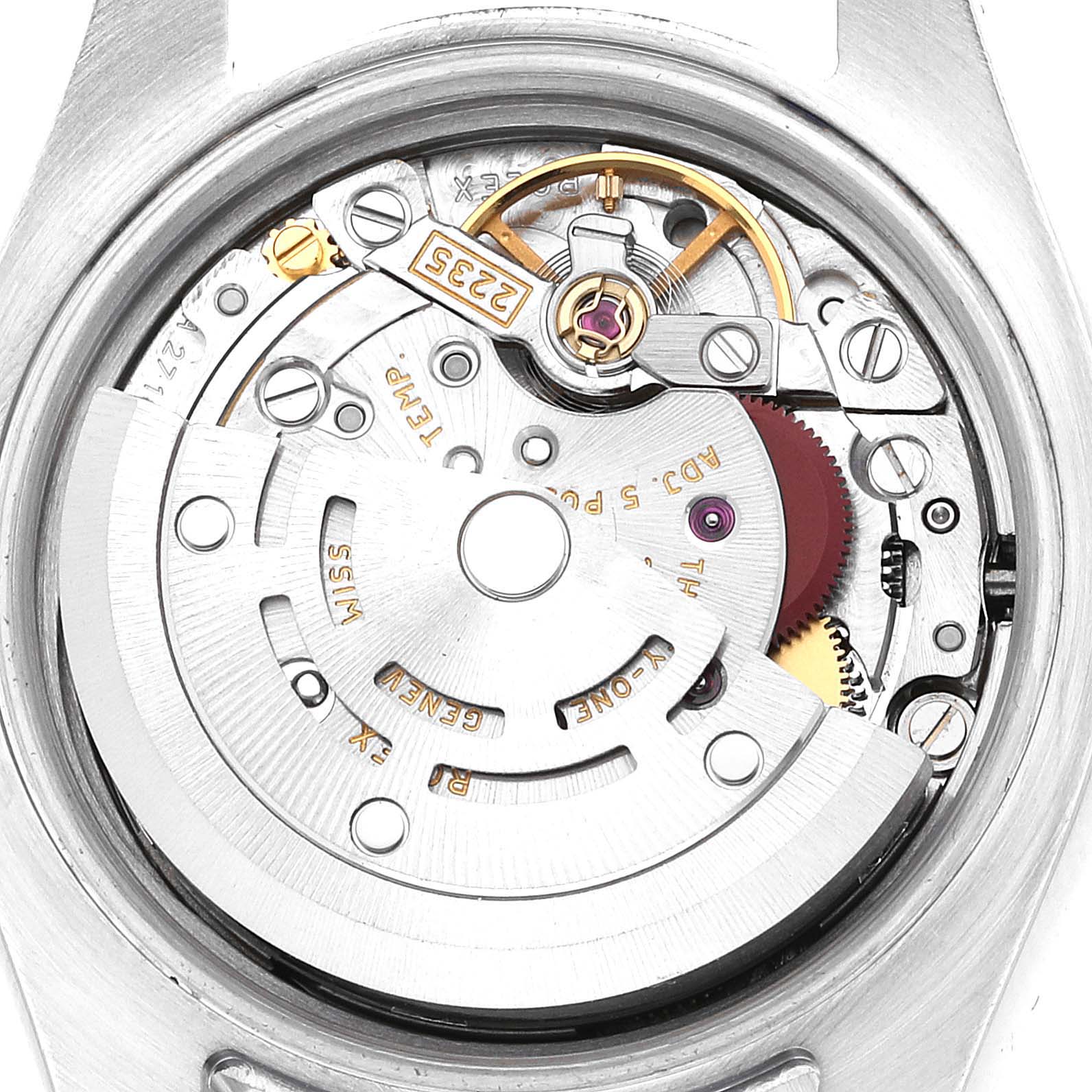 This image displays the internal mechanism of a Rolex Datejust 179174 Women's Stainless Steel Silver Dial 179174 Women's Stainless Steel Silver Dial watch from a close-up, rear view angle.