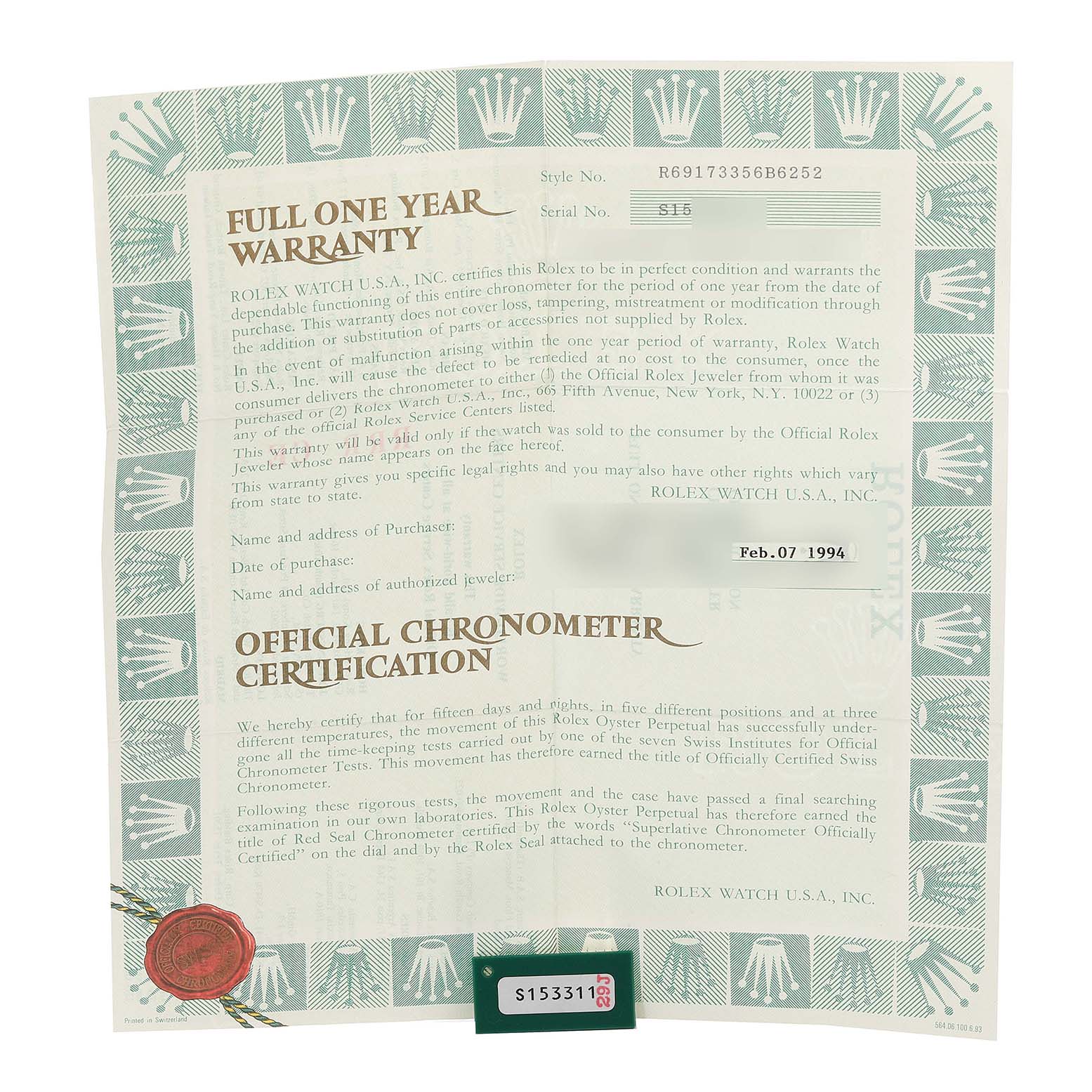 The image shows the full one-year warranty card and chronometer certification for a Rolex Datejust 69173 Women's Steel and Gold (two tone) Beige Dial 69173 Women's Steel and Gold (two tone) Beige Dial model.