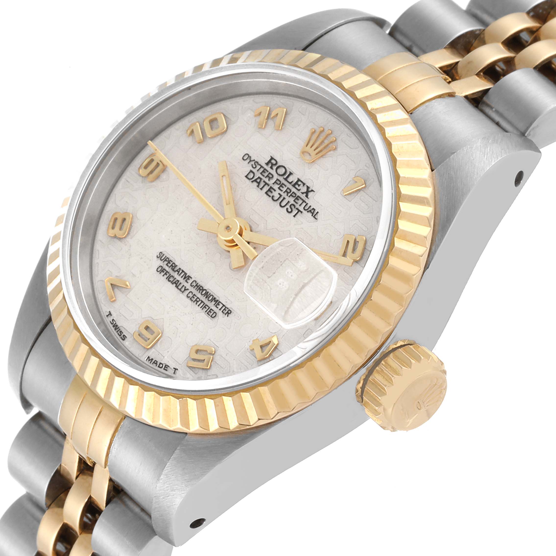 This image shows the Rolex Datejust 69173 Women's Steel and Gold (two tone) Beige Dial 69173 Women's Steel and Gold (two tone) Beige Dial watch from a slightly angled side view, highlighting the dial, bezel, and part of the bracelet.
