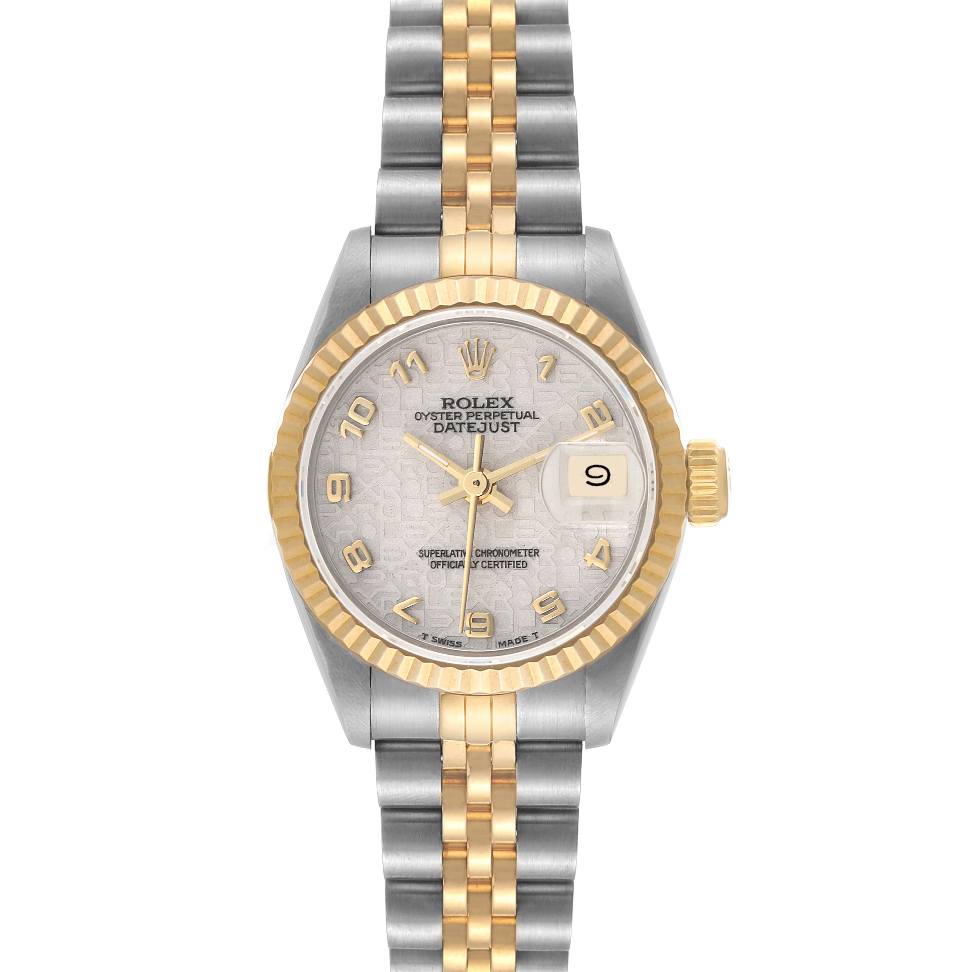 The Rolex Datejust 69173 Women's Steel and Gold (two tone) Beige Dial 69173 Women's Steel and Gold (two tone) Beige Dial watch is shown from a front view, displaying the dial, bezel, hands, and part of the bracelet.