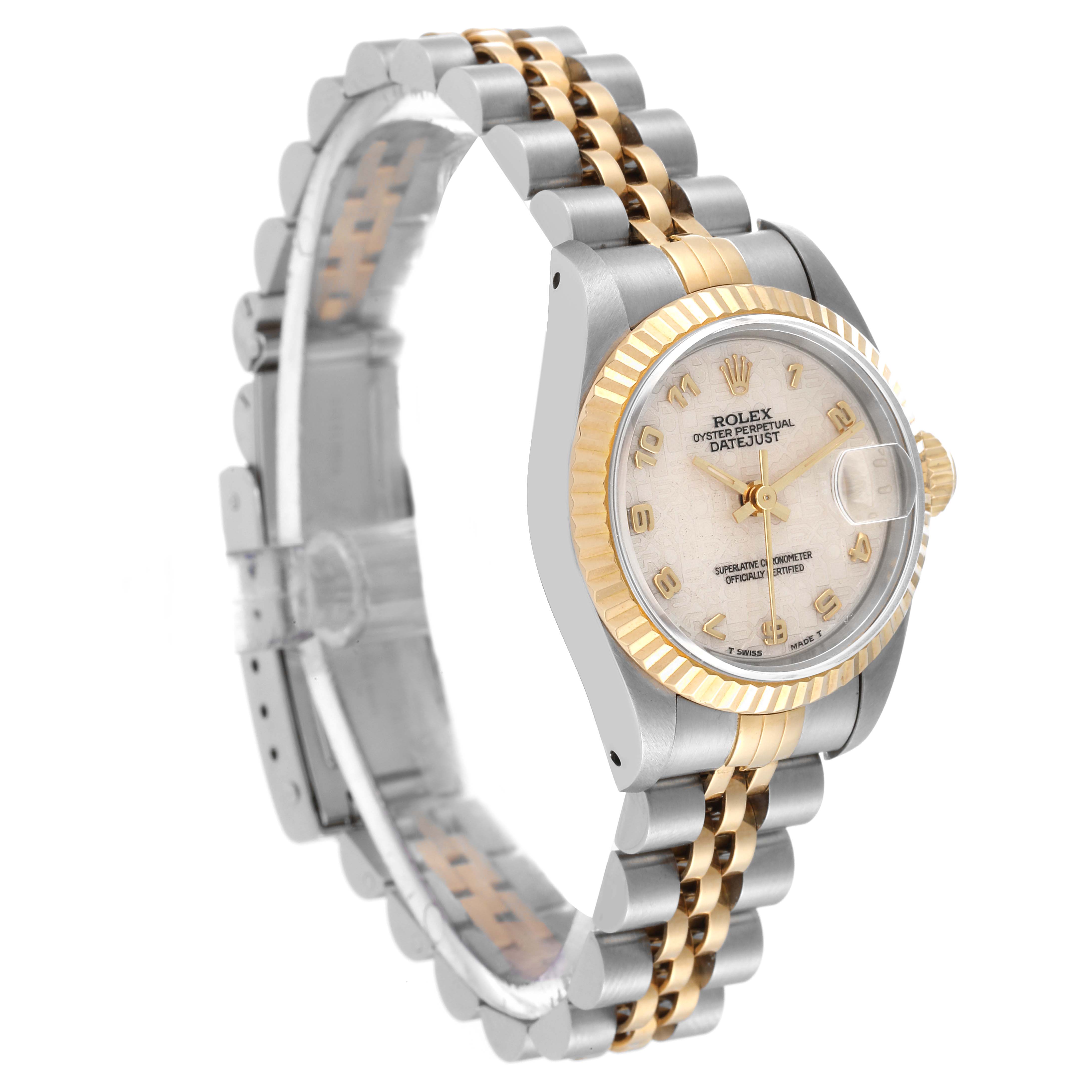 The image shows a side angle of a Rolex Datejust 69173 Women's Steel and Gold (two tone) Beige Dial 69173 Women's Steel and Gold (two tone) Beige Dial watch, highlighting the two-tone bracelet, bezel, and dial.