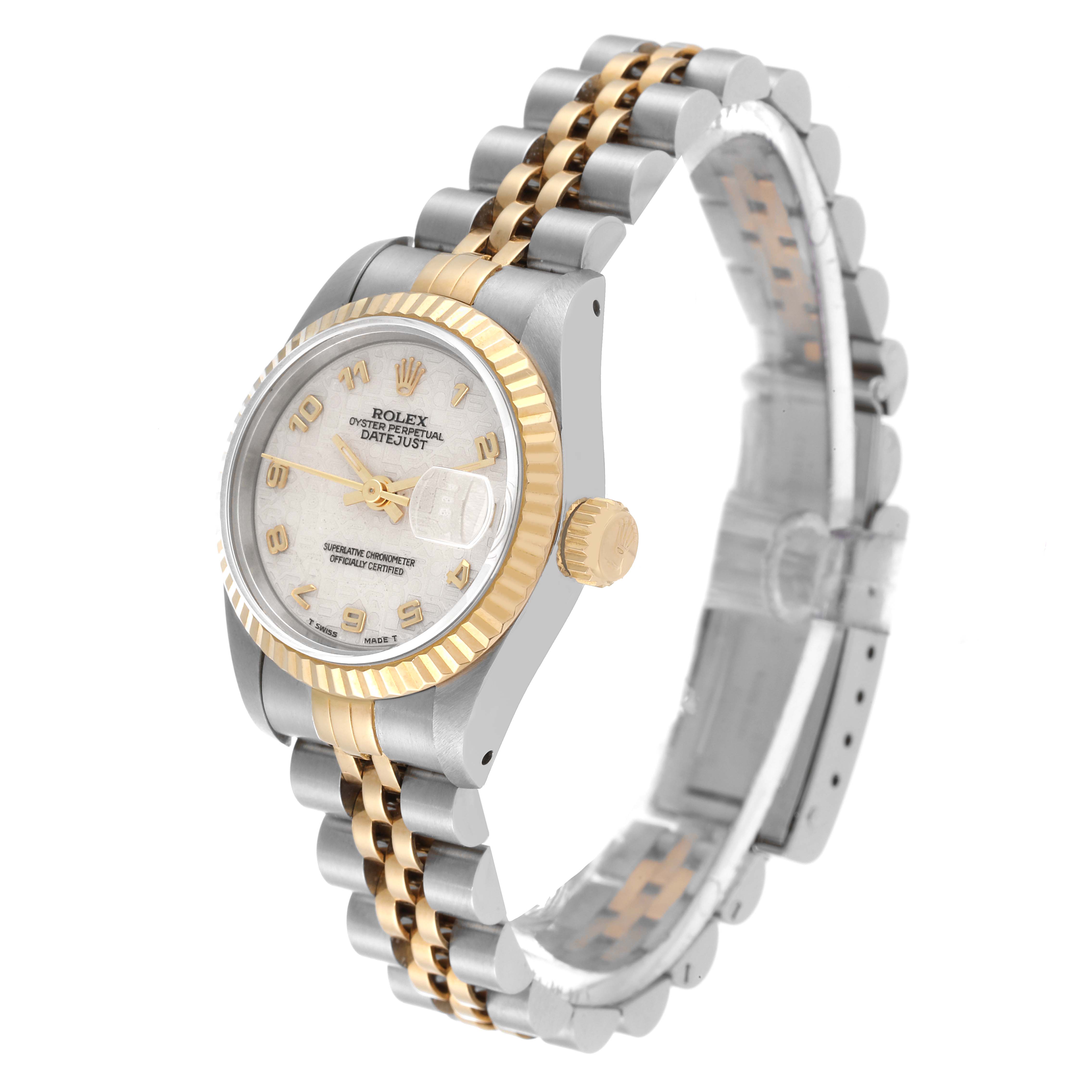 The image shows a Rolex Datejust 69173 Women's Steel and Gold (two tone) Beige Dial 69173 Women's Steel and Gold (two tone) Beige Dial watch from a semi-side angle, highlighting its face, bezel, crown, and two-tone bracelet.