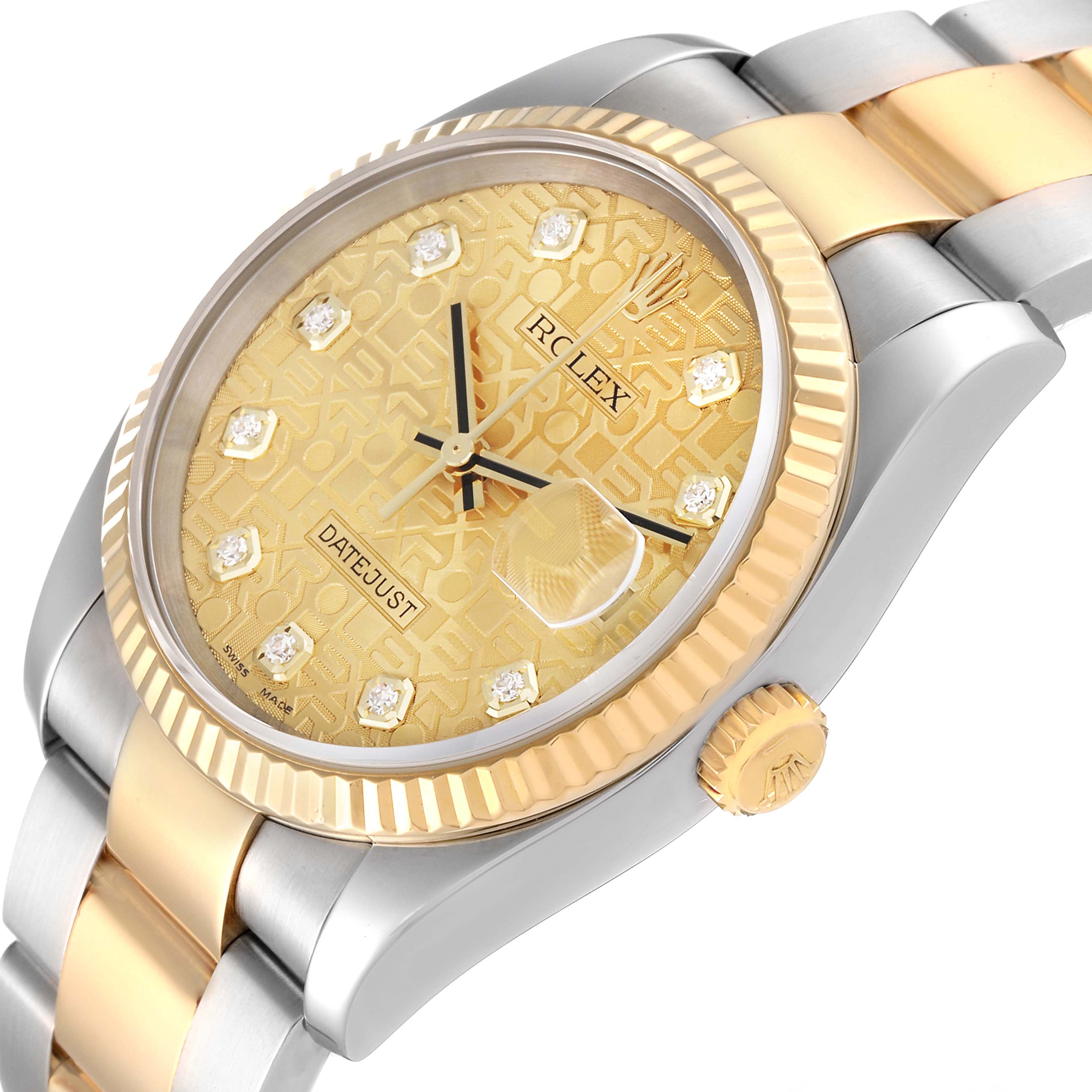 This Rolex Datejust 116233 Men's Steel and Gold (two tone) Champagne Dial 116233 Men's Steel and Gold (two tone) Champagne Dial watch is shown at an angle displaying the gold and silver band, gold face, fluted bezel, and diamond hour markers.