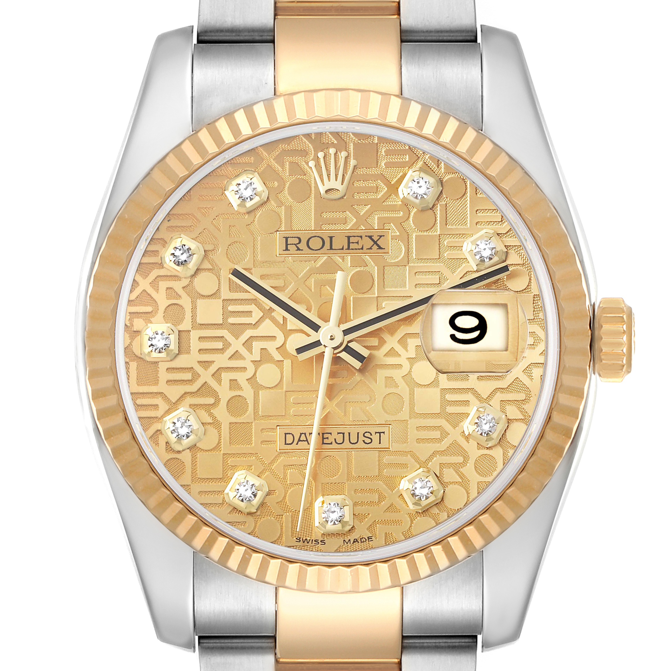 The image shows a front view of a Rolex Datejust 116233 Men's Steel and Gold (two tone) Champagne Dial 116233 Men's Steel and Gold (two tone) Champagne Dial watch with a gold dial, diamond markers, and a date window.
