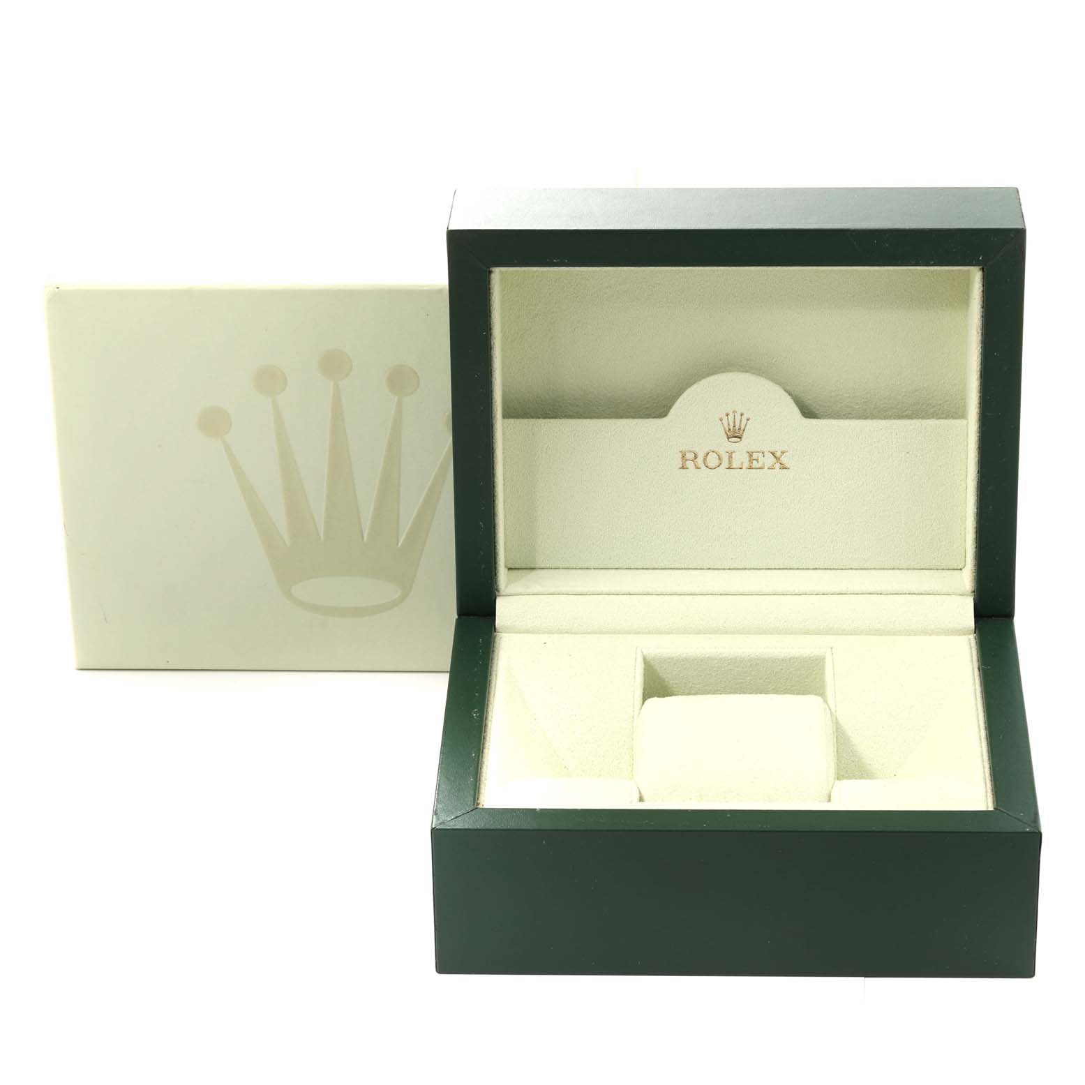 This image shows an open Rolex Datejust 116233 Men's Steel and Gold (two tone) Champagne Dial 116233 Men's Steel and Gold (two tone) Champagne Dial watch box, featuring the inner cushion and outer sleeve.