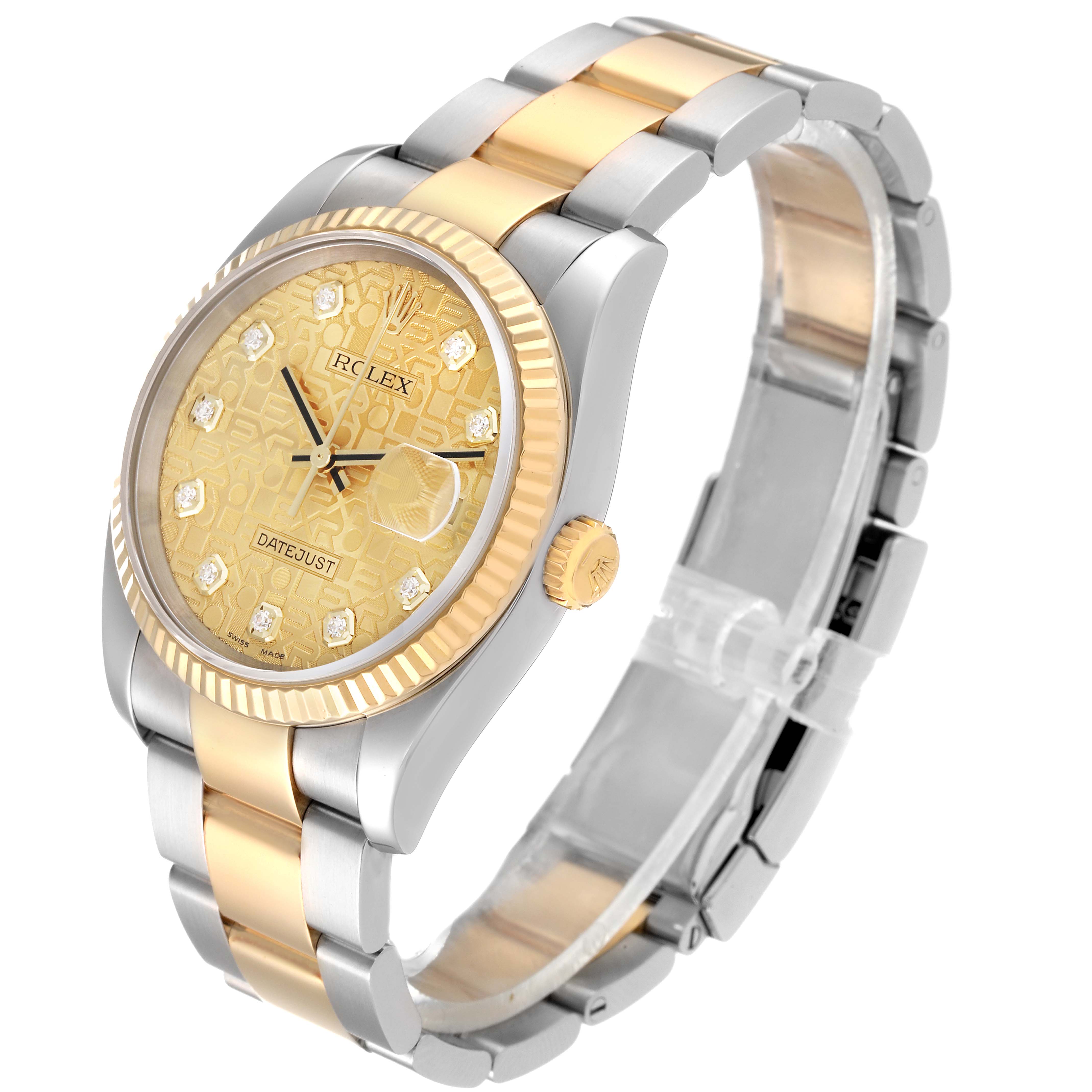 The Rolex Datejust 116233 Men's Steel and Gold (two tone) Champagne Dial 116233 Men's Steel and Gold (two tone) Champagne Dial watch is shown from a right-side angle, displaying the face, bezel, and bracelet.