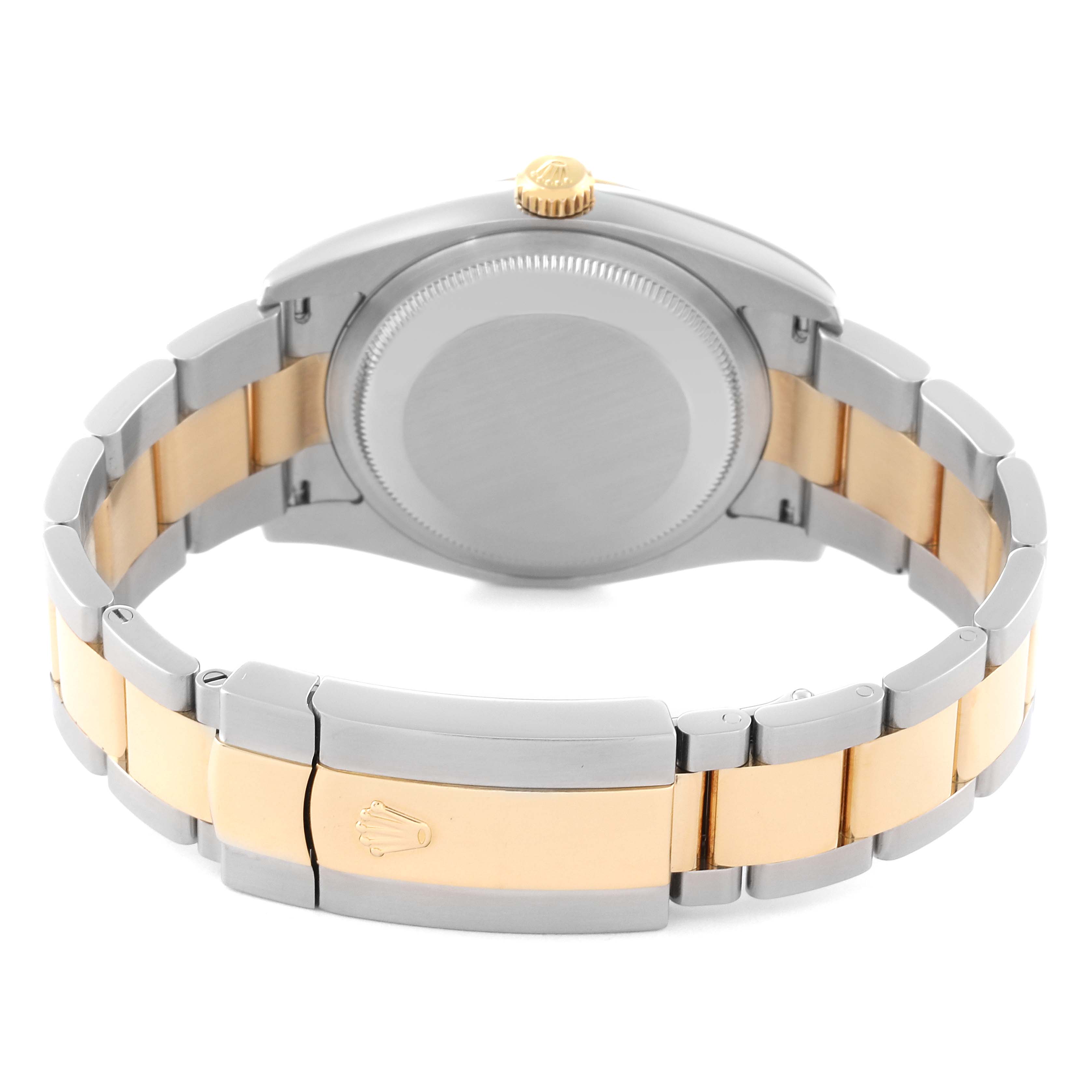 The image shows the case back and the bracelet clasp of a Rolex Datejust 116233 Men's Steel and Gold (two tone) Champagne Dial 116233 Men's Steel and Gold (two tone) Champagne Dial watch at an oblique angle.