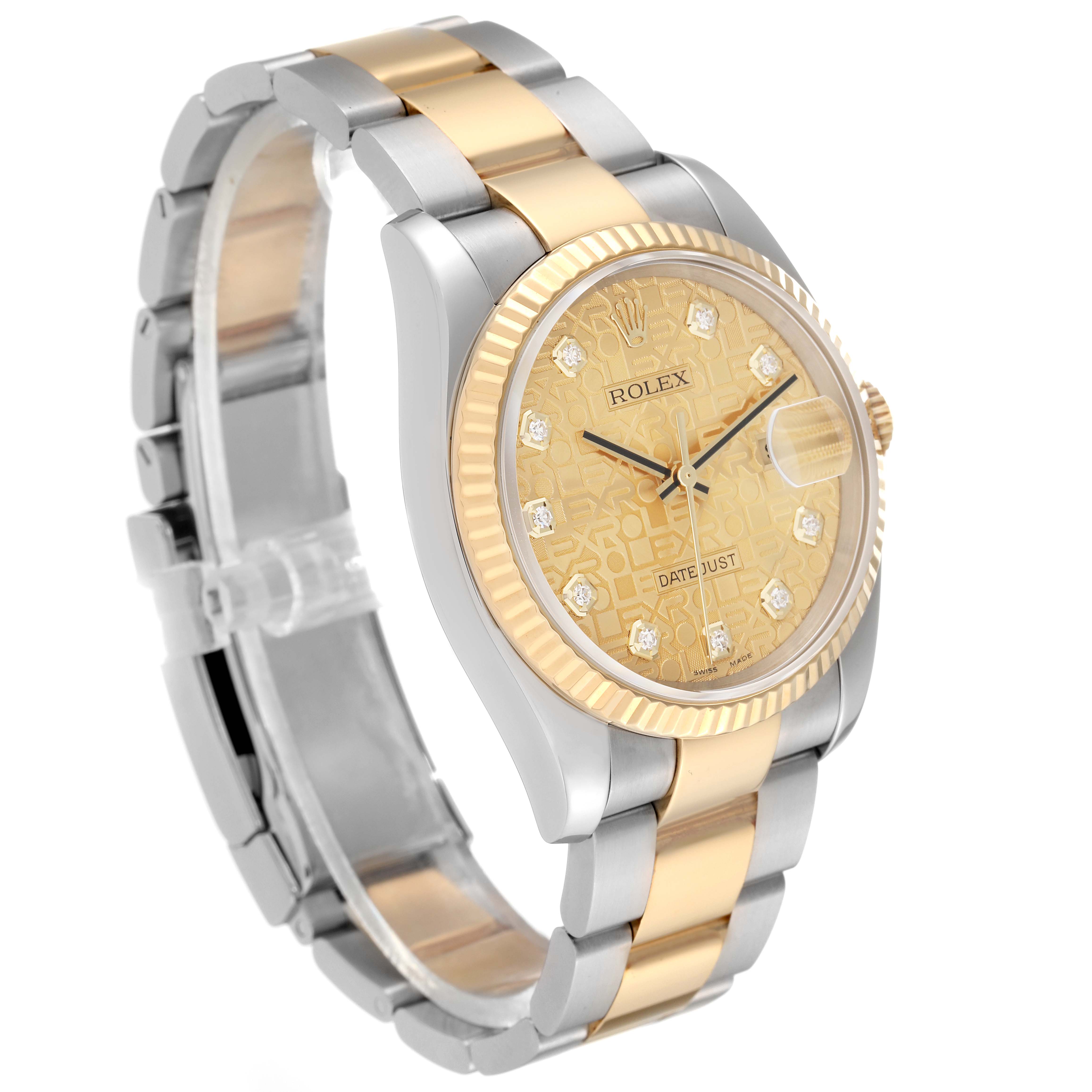 This Rolex Datejust 116233 Men's Steel and Gold (two tone) Champagne Dial 116233 Men's Steel and Gold (two tone) Champagne Dial watch is shown at a slight angle, highlighting the two-tone band, fluted bezel, and champagne dial with diamond hour markers.