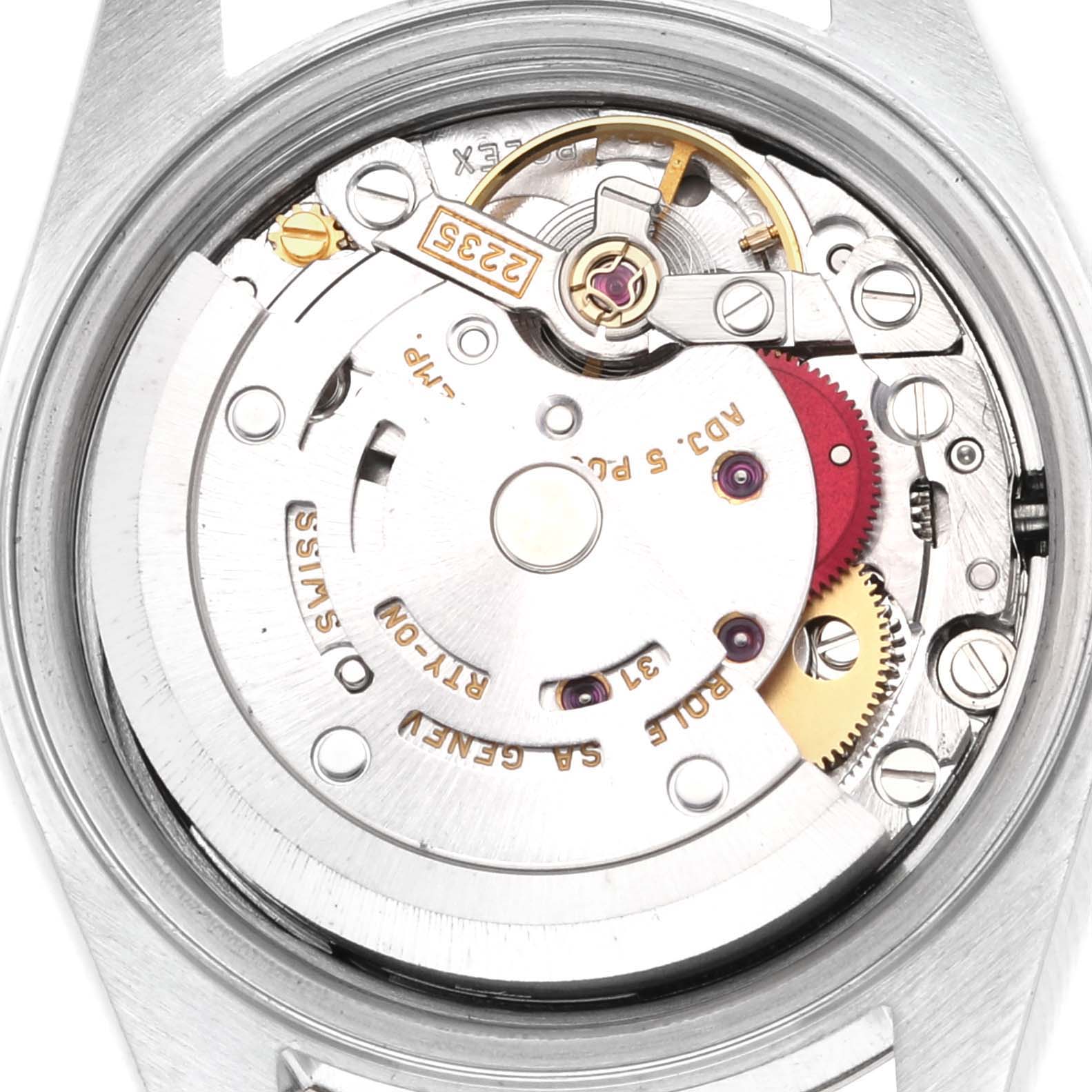 This image shows the internal movement of a Rolex Datejust 79173G Women's Steel and Gold (two tone) Black Dial 79173G Women's Steel and Gold (two tone) Black Dial, viewed from the back case with various gears and components visible.