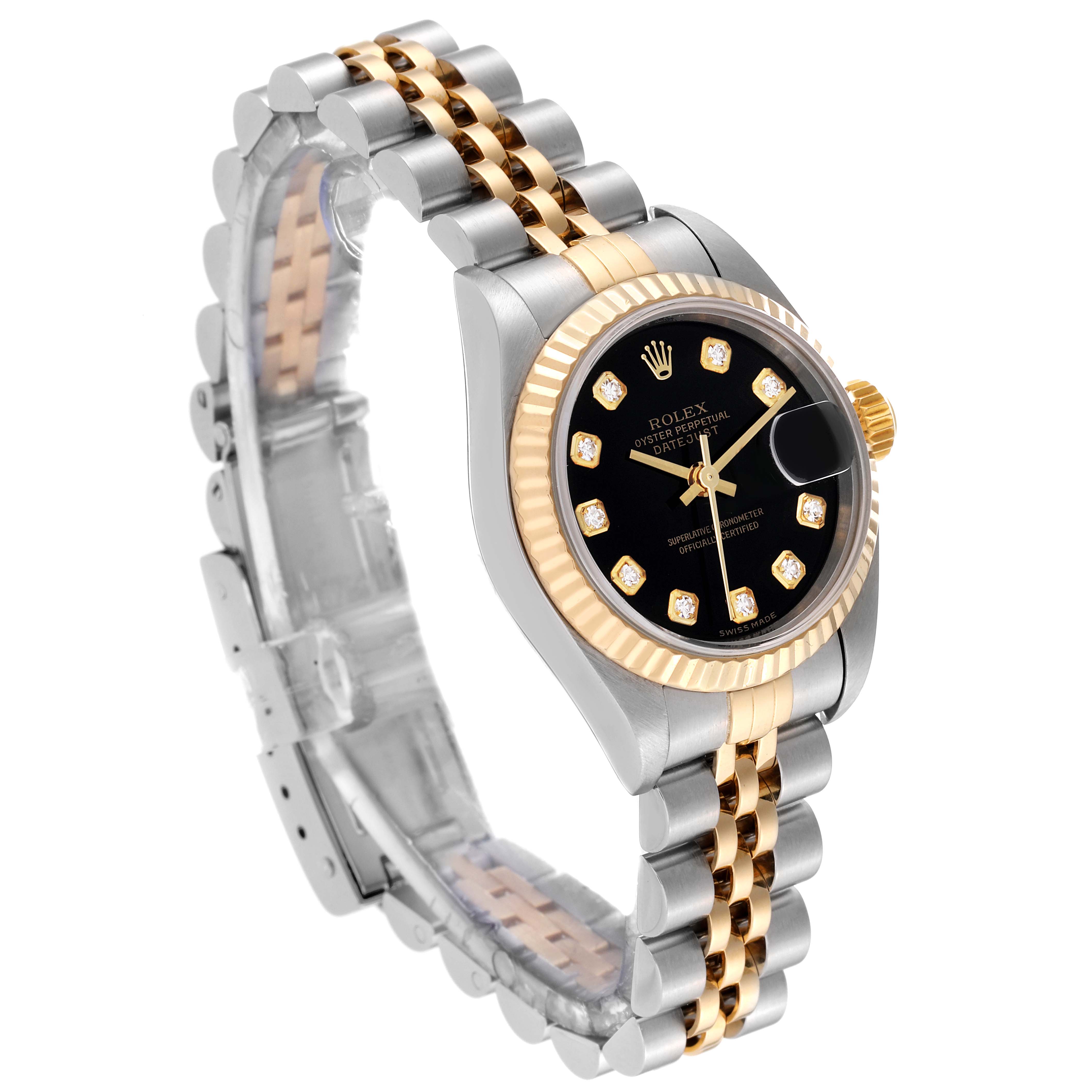 This image shows a Rolex Datejust 79173G Women's Steel and Gold (two tone) Black Dial 79173G Women's Steel and Gold (two tone) Black Dial watch at an angle highlighting its two-tone band, black dial, and diamond hour markers.