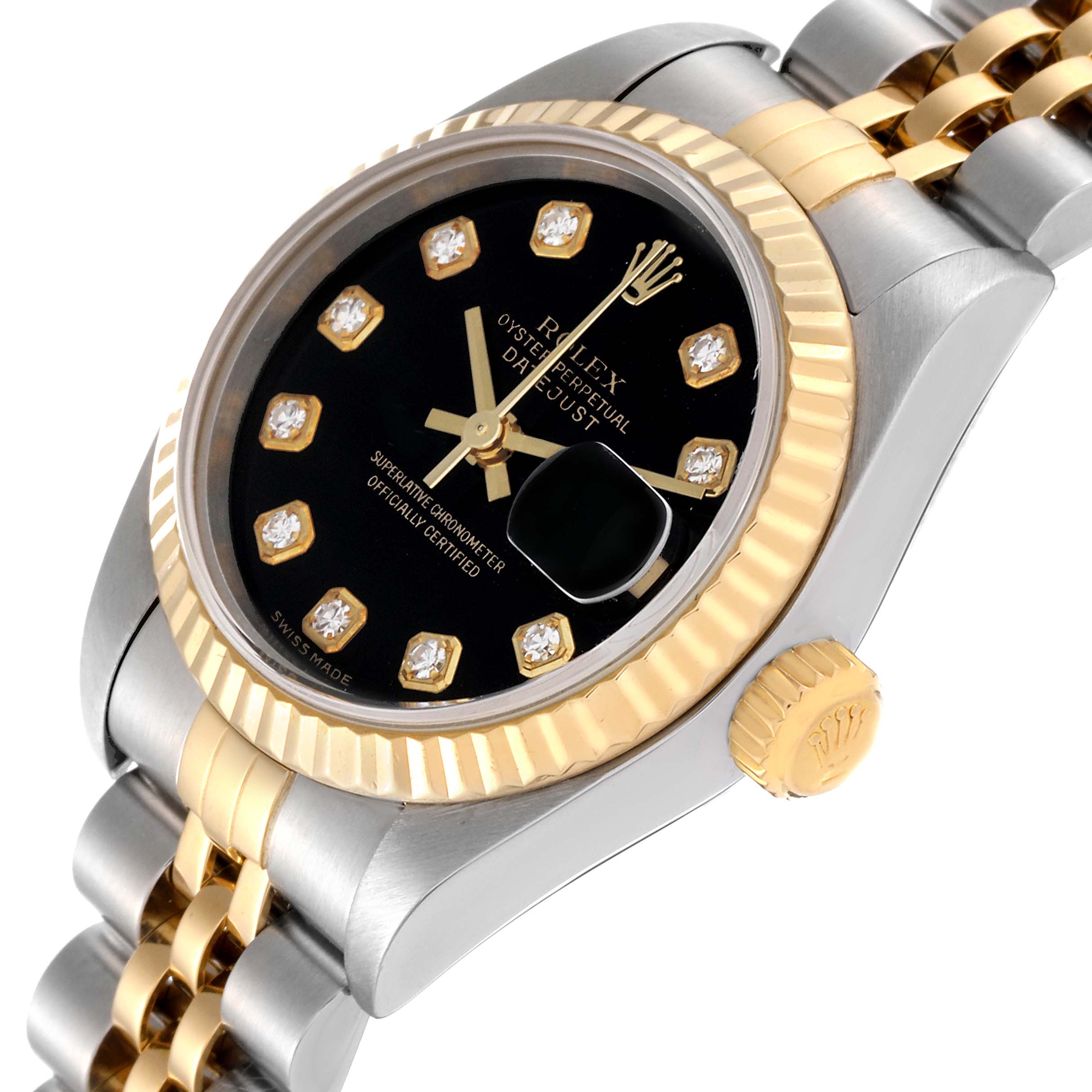 The image shows a close-up angled view of a Rolex Datejust 79173G Women's Steel and Gold (two tone) Black Dial 79173G Women's Steel and Gold (two tone) Black Dial watch, highlighting the dial, bezel, and part of the bracelet.
