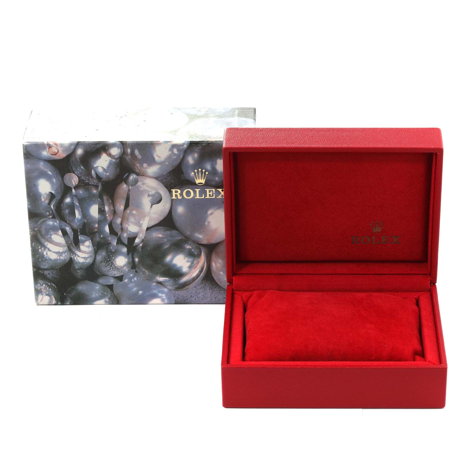 The image shows a Rolex Datejust 79173G Women's Steel and Gold (two tone) Black Dial 79173G Women's Steel and Gold (two tone) Black Dial box and packaging with an open red interior and a decorative outer box.