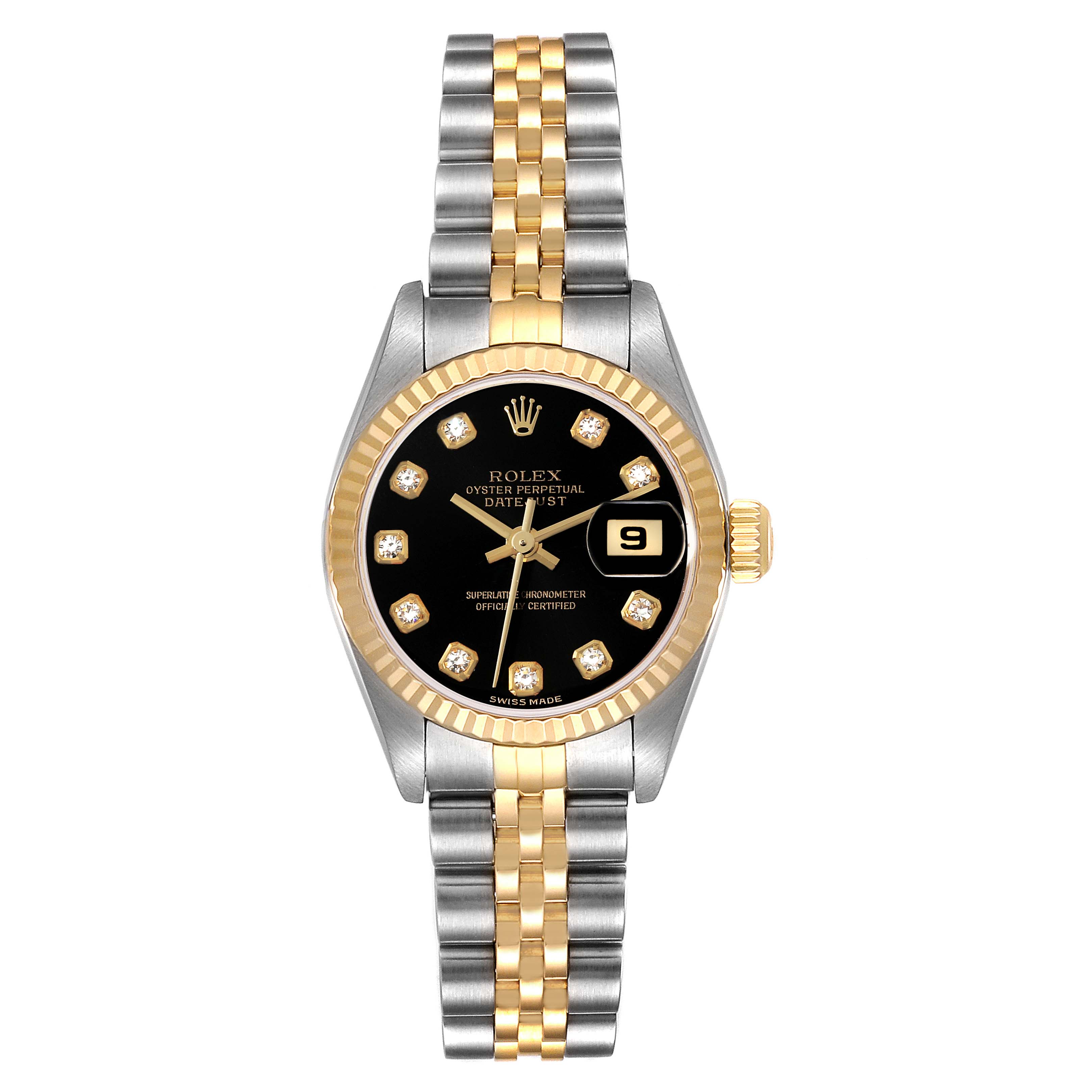 This image shows a front view of a Rolex Datejust 79173G Women's Steel and Gold (two tone) Black Dial 79173G Women's Steel and Gold (two tone) Black Dial watch, highlighting its two-tone bracelet and black dial with diamond markers.
