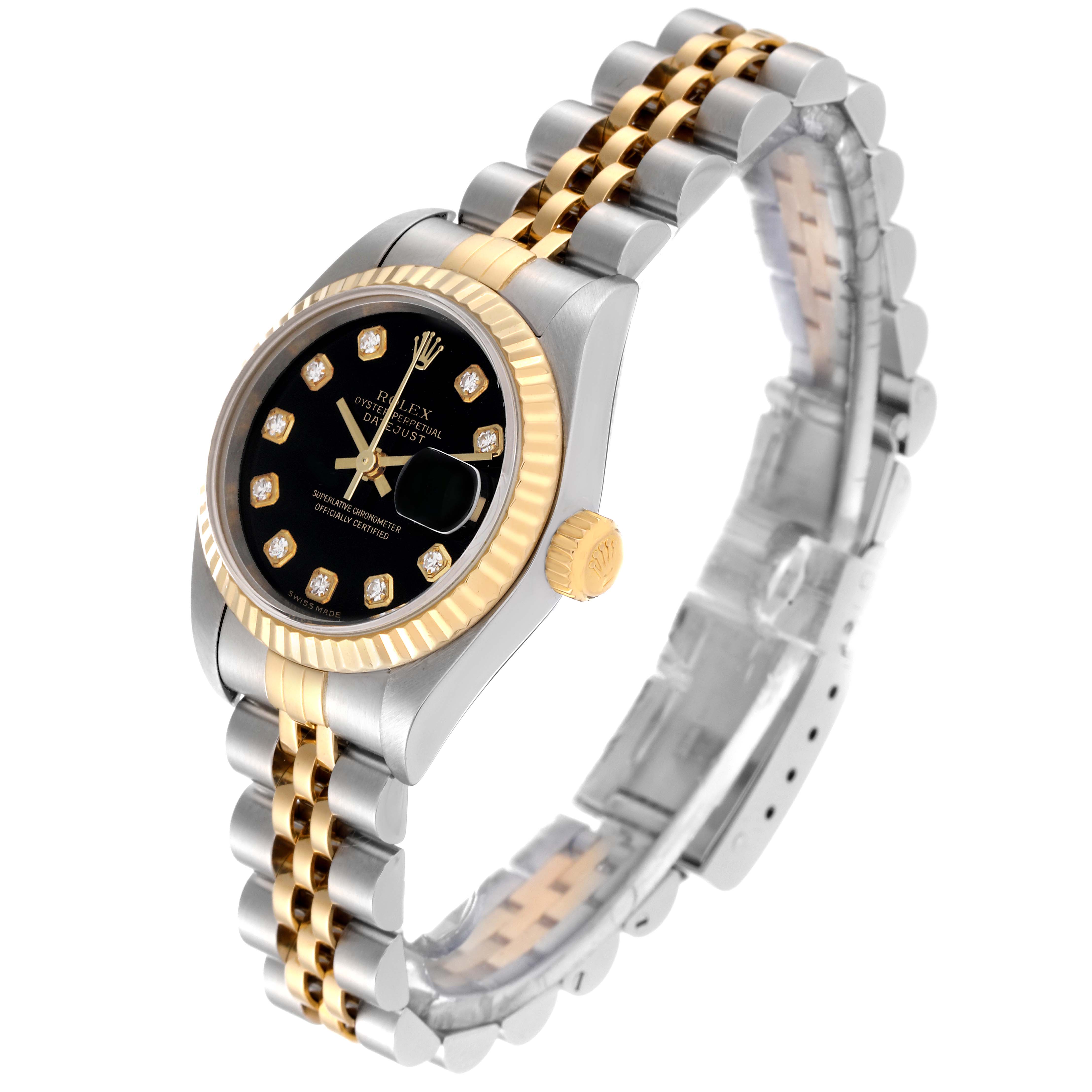 The image shows a Rolex Datejust 79173G Women's Steel and Gold (two tone) Black Dial 79173G Women's Steel and Gold (two tone) Black Dial watch at a slight angle, highlighting its diamond indices, two-tone bracelet, and fluted bezel.