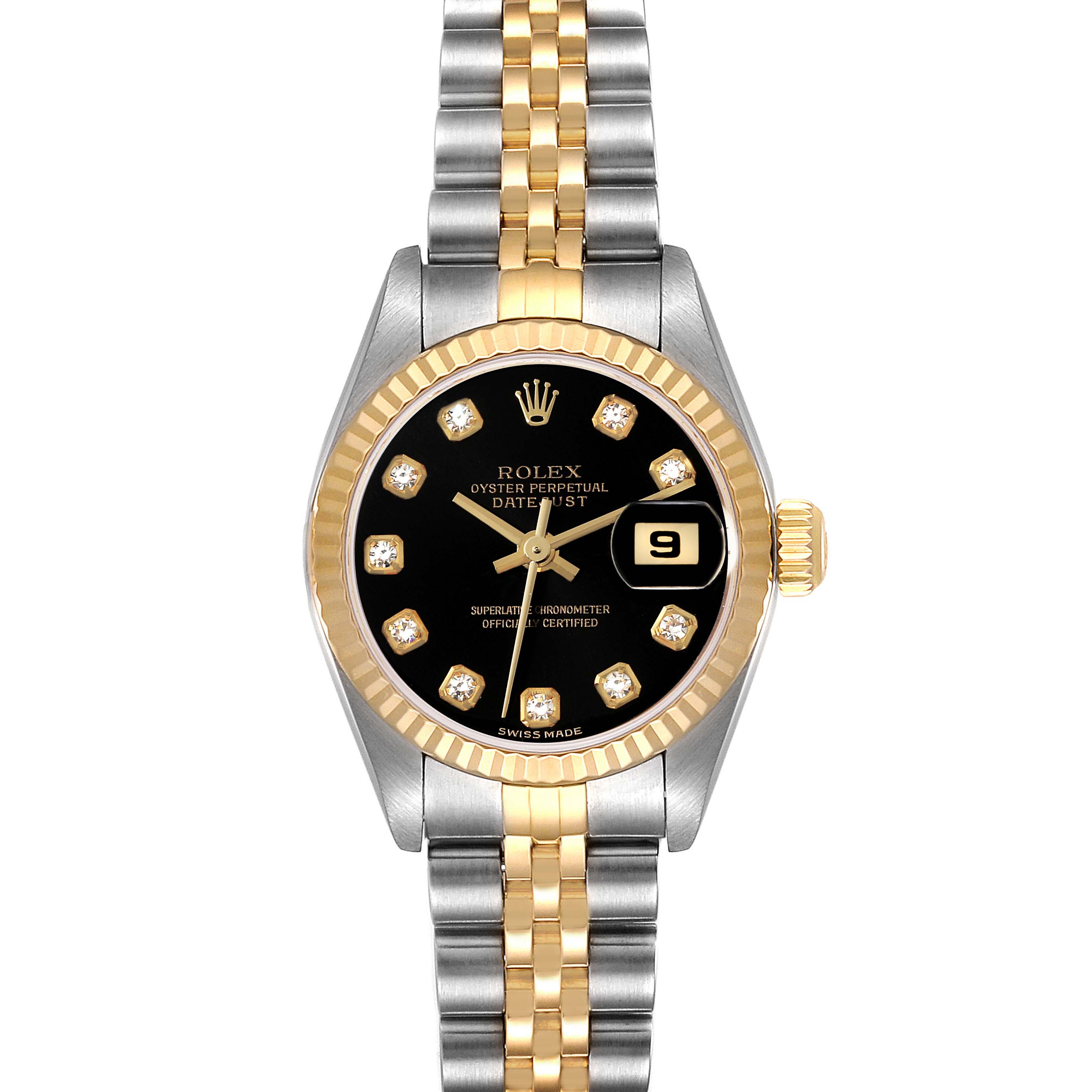 This image shows a frontal view of the Rolex Datejust 79173G Women's Steel and Gold (two tone) Black Dial 79173G Women's Steel and Gold (two tone) Black Dial watch, including the case, dial, bezel, hands, and bracelet.