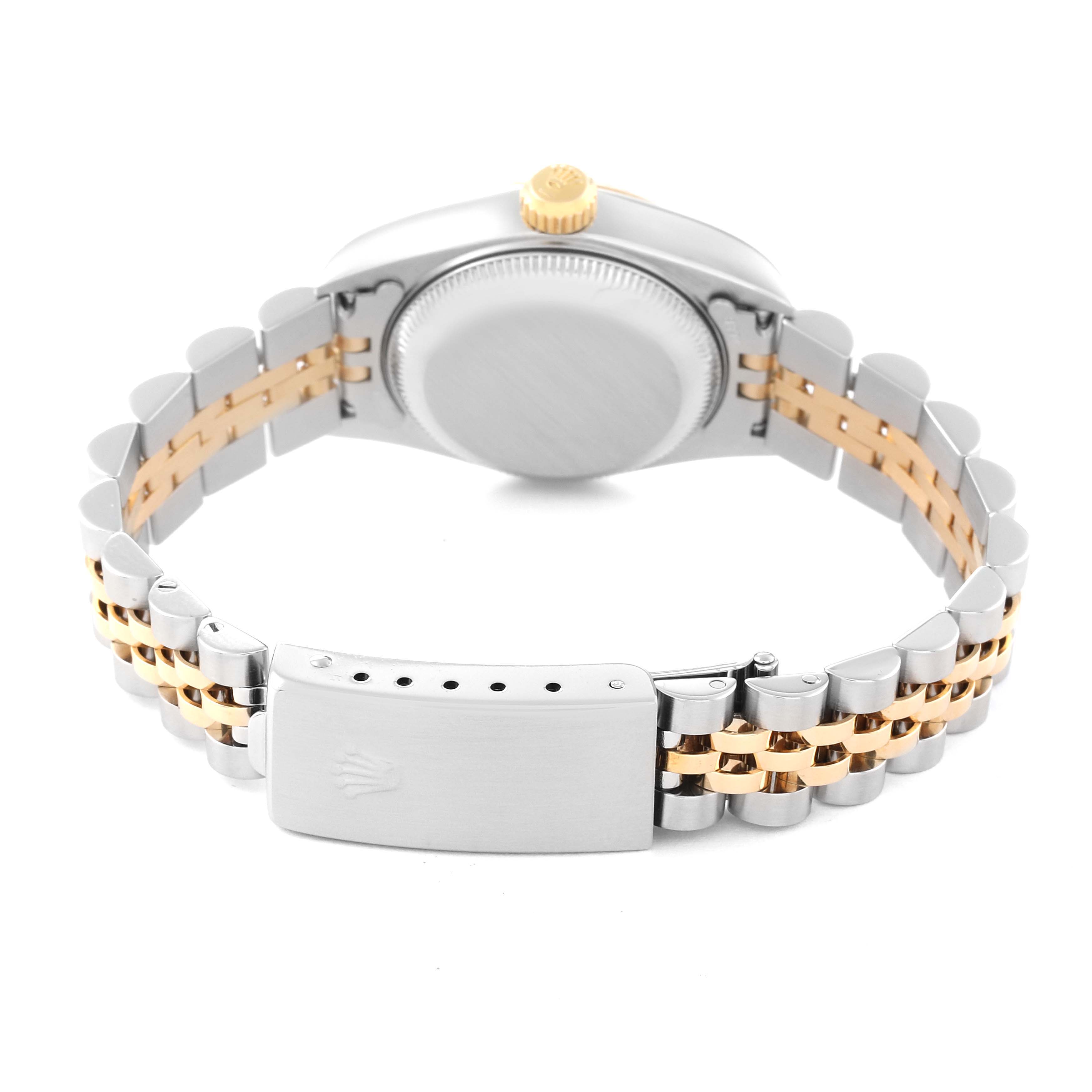 The image shows the Rolex Datejust 79173G Women's Steel and Gold (two tone) Black Dial 79173G Women's Steel and Gold (two tone) Black Dial watch from the rear, displaying the case back and two-tone Jubilee bracelet with a clasp.