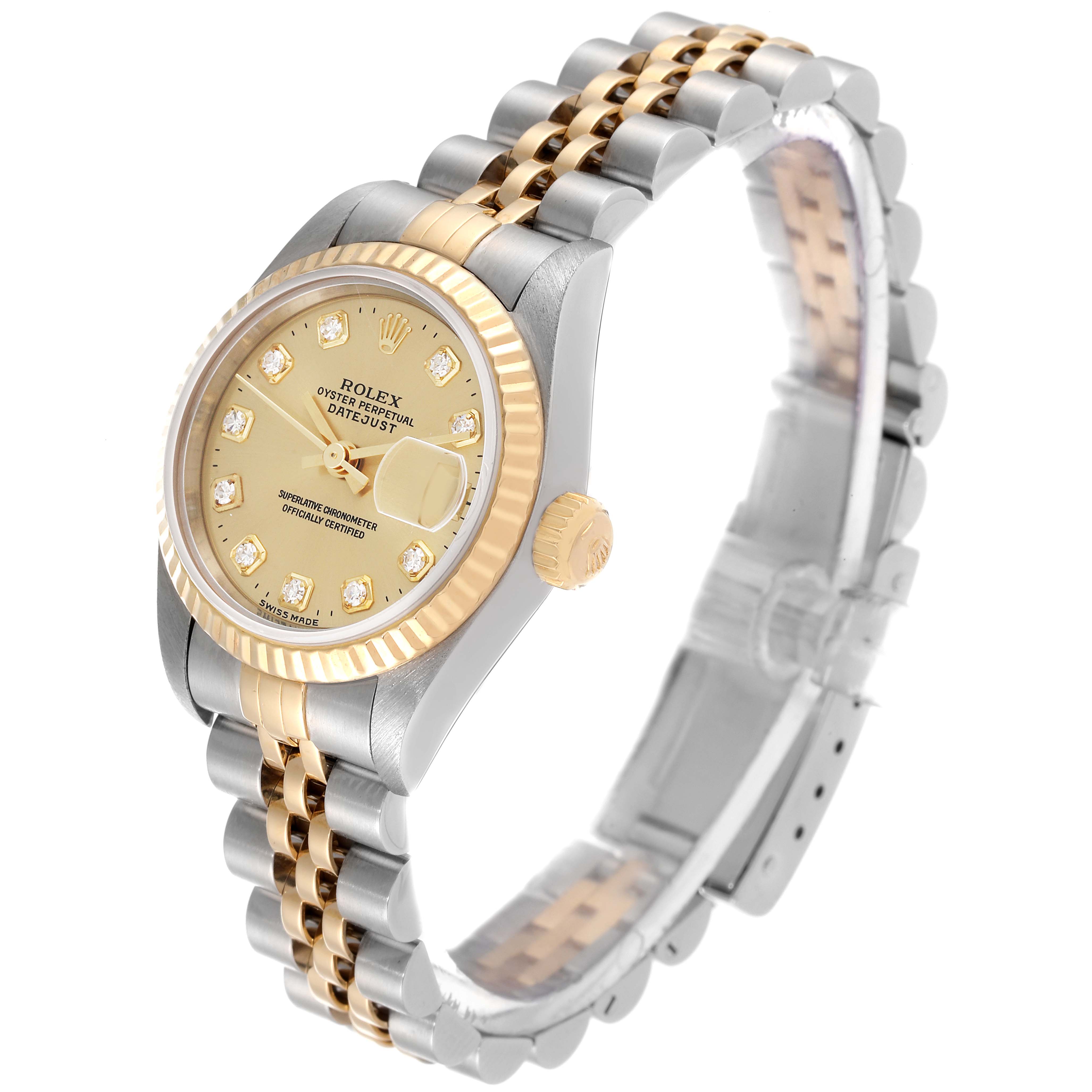 This Rolex Datejust 69173 Women's Steel and Gold (two tone) Champagne Dial 69173 Women's Steel and Gold (two tone) Champagne Dial watch is shown at a slight angle, highlighting its two-tone bracelet, fluted bezel, and champagne dial with diamond markers.