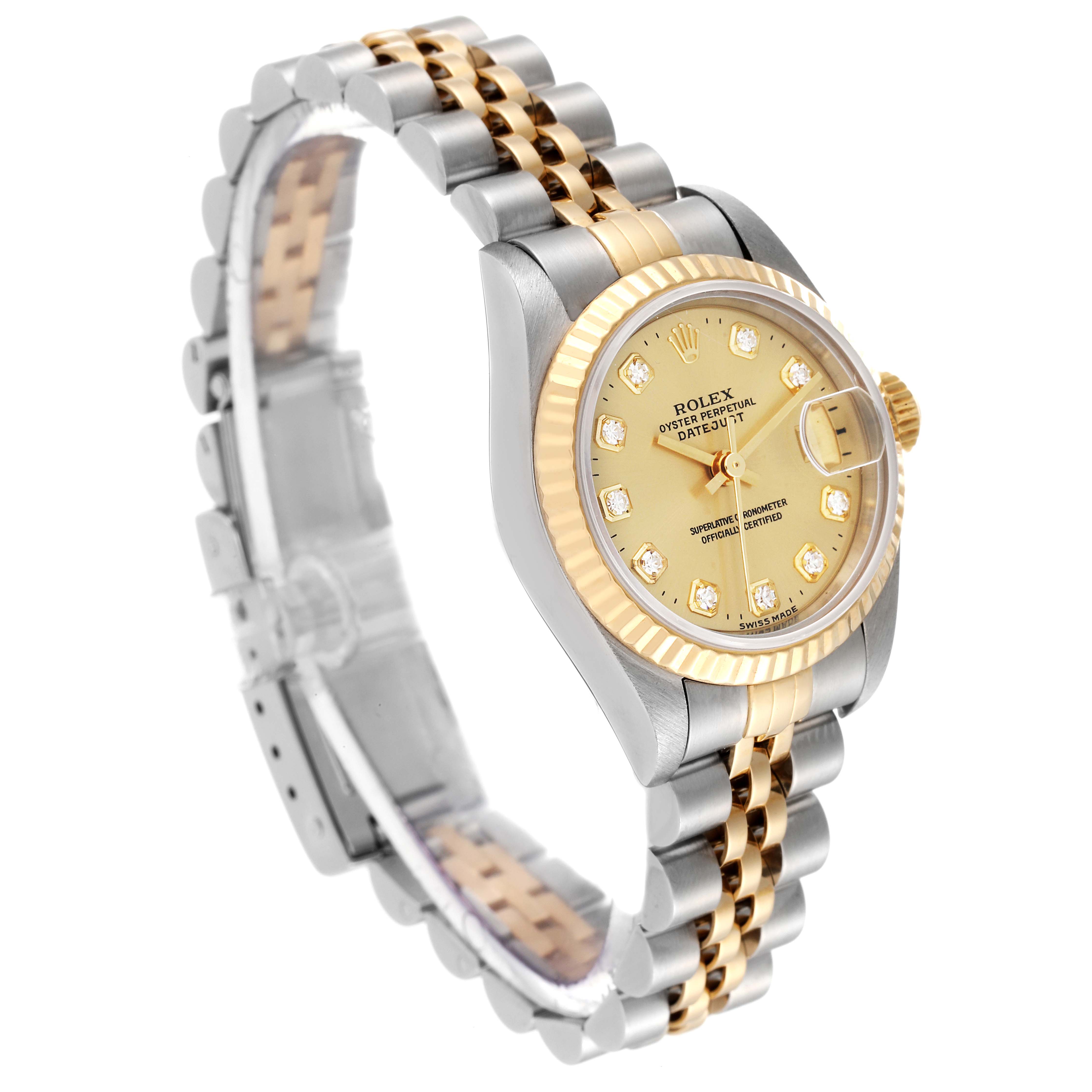 The image shows a Rolex Datejust 69173 Women's Steel and Gold (two tone) Champagne Dial 69173 Women's Steel and Gold (two tone) Champagne Dial watch angled from the left side, featuring its dial, fluted bezel, and two-tone bracelet.