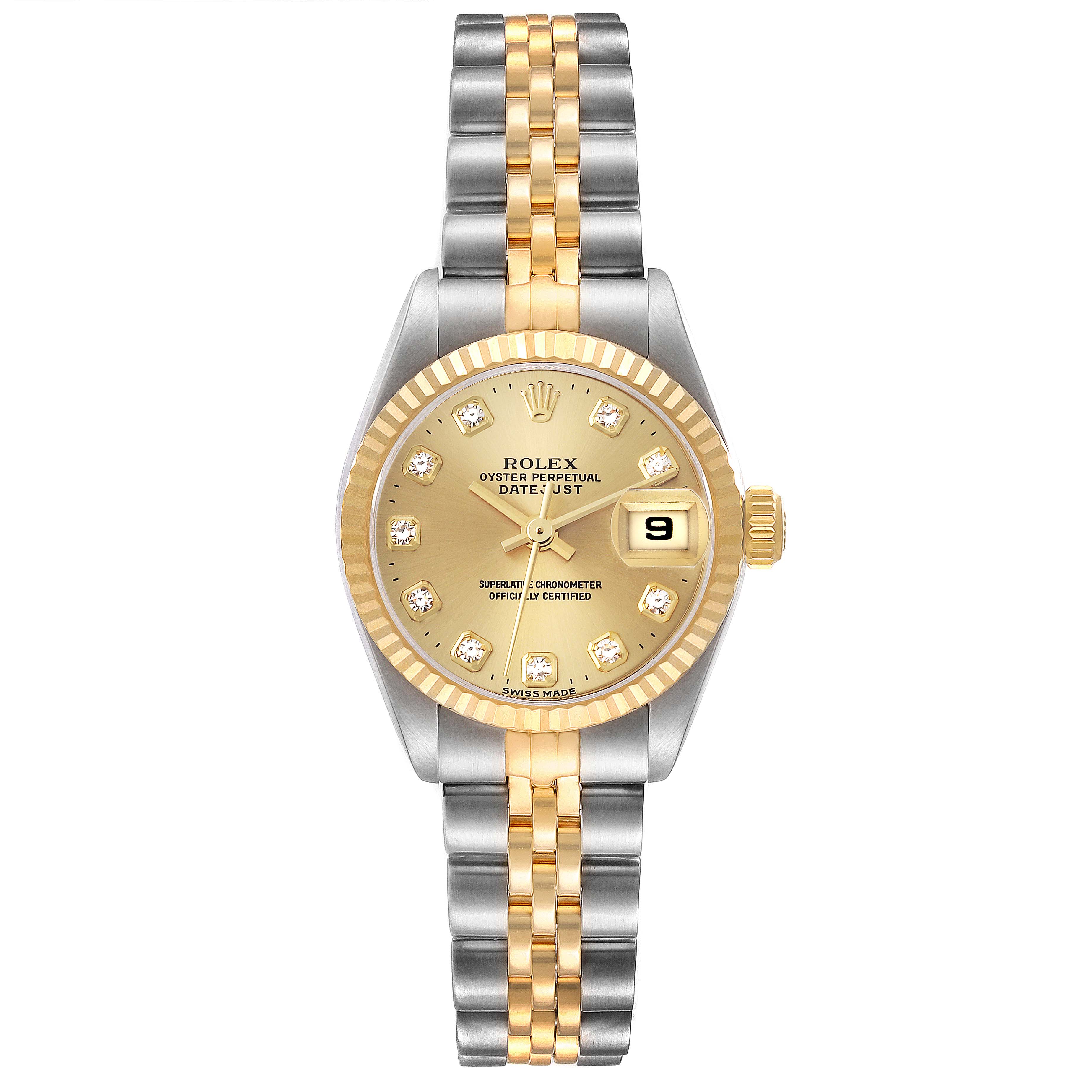 The Rolex Datejust 69173 Women's Steel and Gold (two tone) Champagne Dial 69173 Women's Steel and Gold (two tone) Champagne Dial watch is shown from a front view, displaying its face, bezel, and two-tone bracelet.