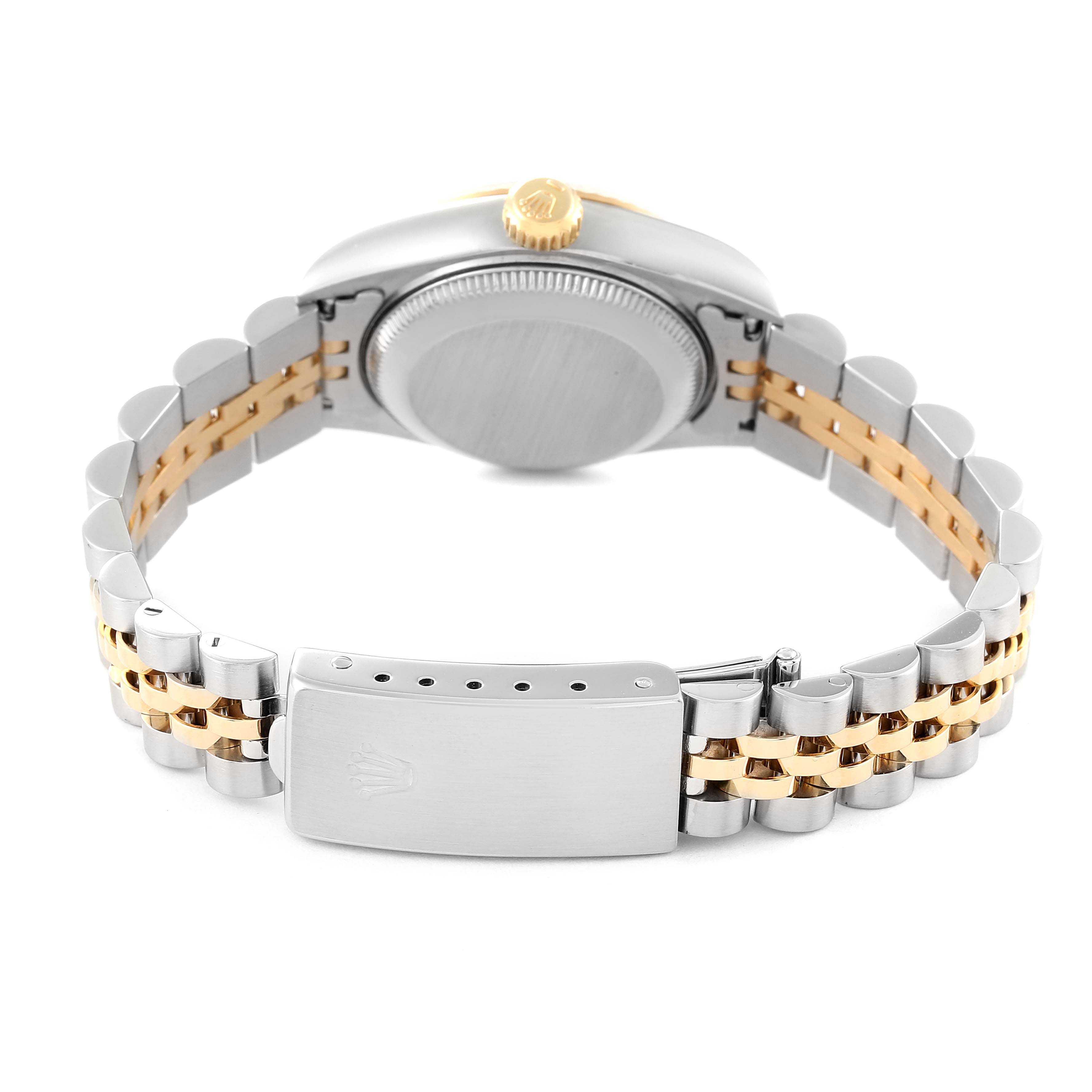 This image shows the back and side of a Rolex Datejust 69173 Women's Steel and Gold (two tone) Champagne Dial 69173 Women's Steel and Gold (two tone) Champagne Dial watch, focusing on the case back, bracelet, and clasp.