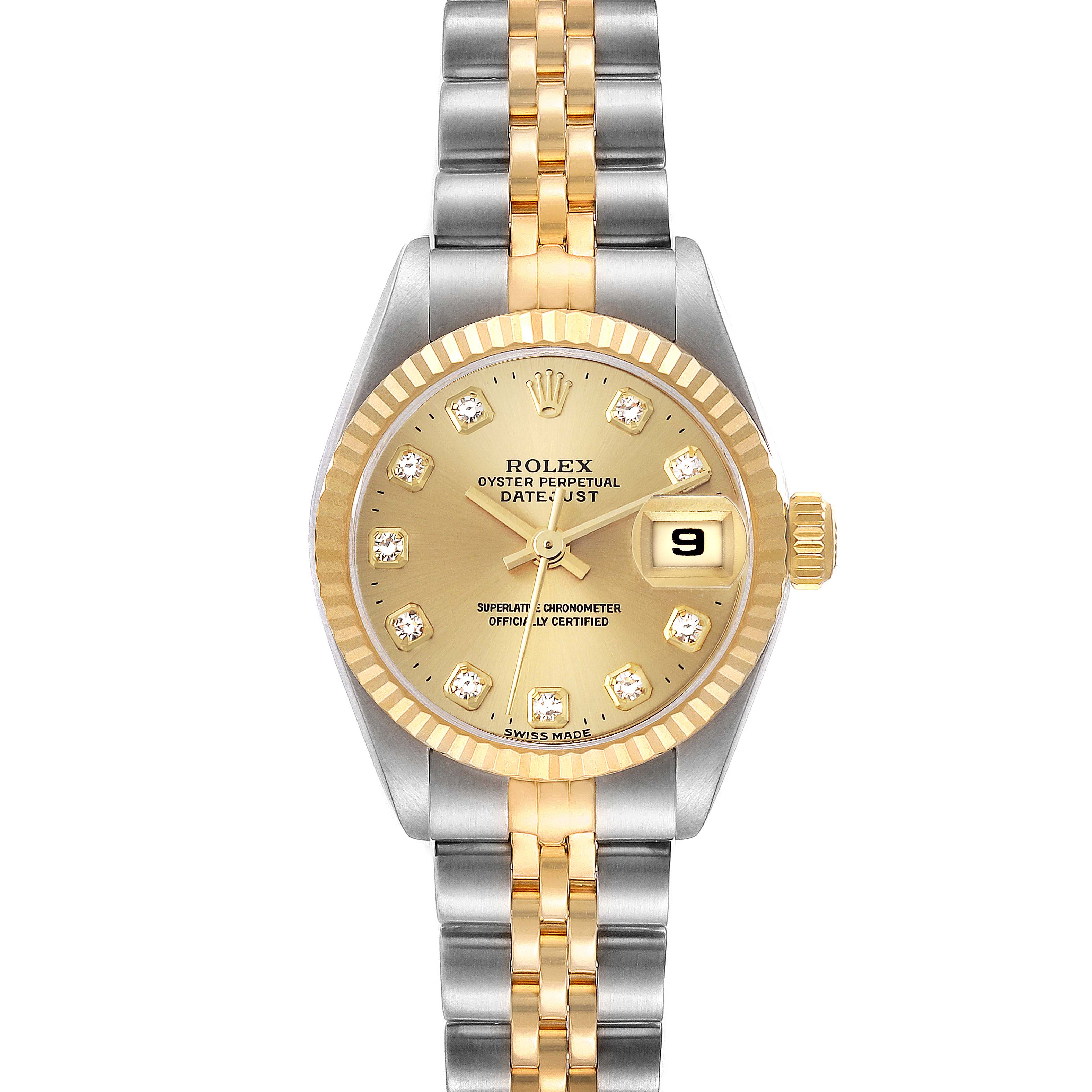 This image shows a frontal view of the Rolex Datejust 69173 Women's Steel and Gold (two tone) Champagne Dial 69173 Women's Steel and Gold (two tone) Champagne Dial watch, illustrating the dial, bezel, and part of the bracelet.