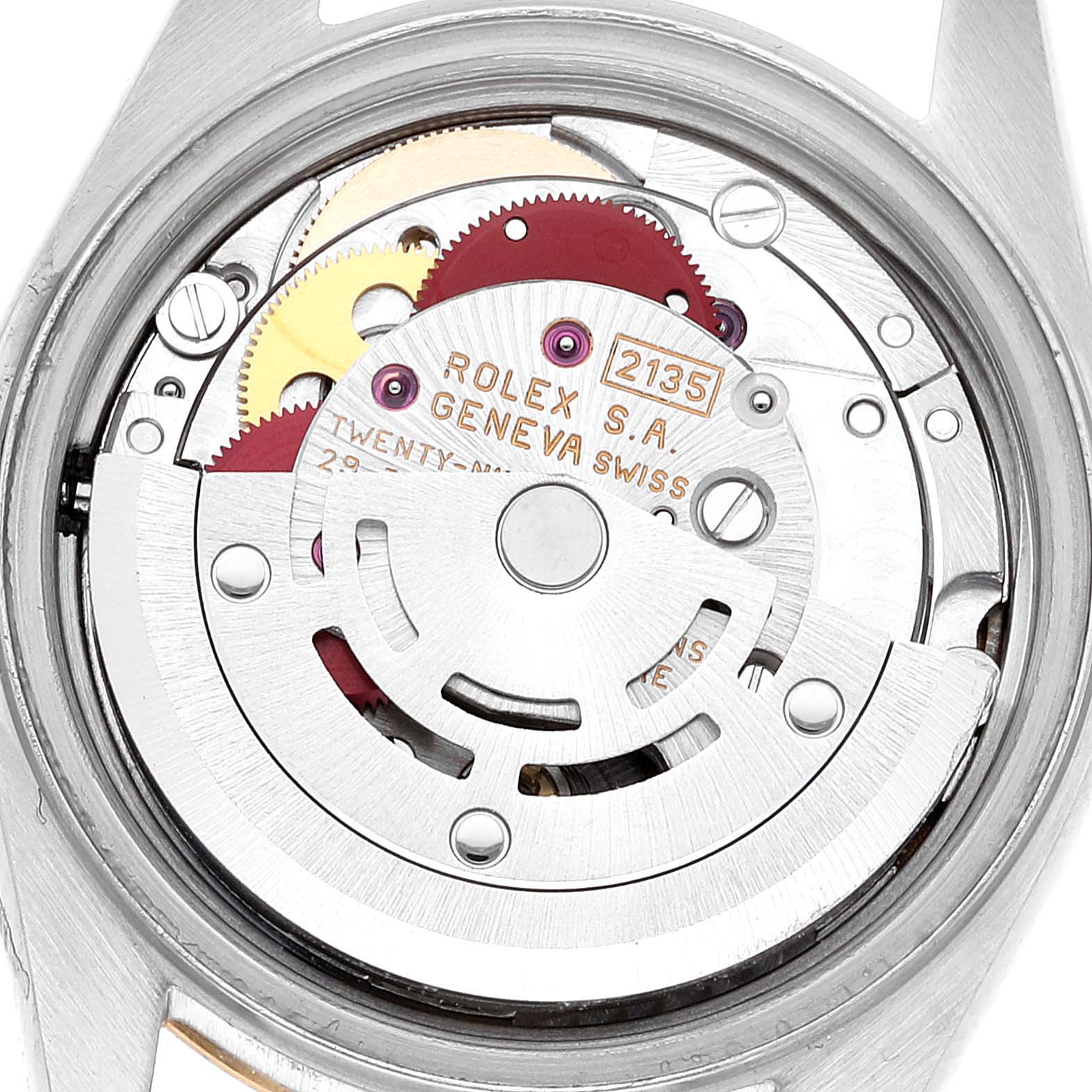 This image shows the internal movement and components of the Rolex Datejust 69173 Women's Steel and Gold (two tone) Champagne Dial 69173 Women's Steel and Gold (two tone) Champagne Dial watch from an underside angle.